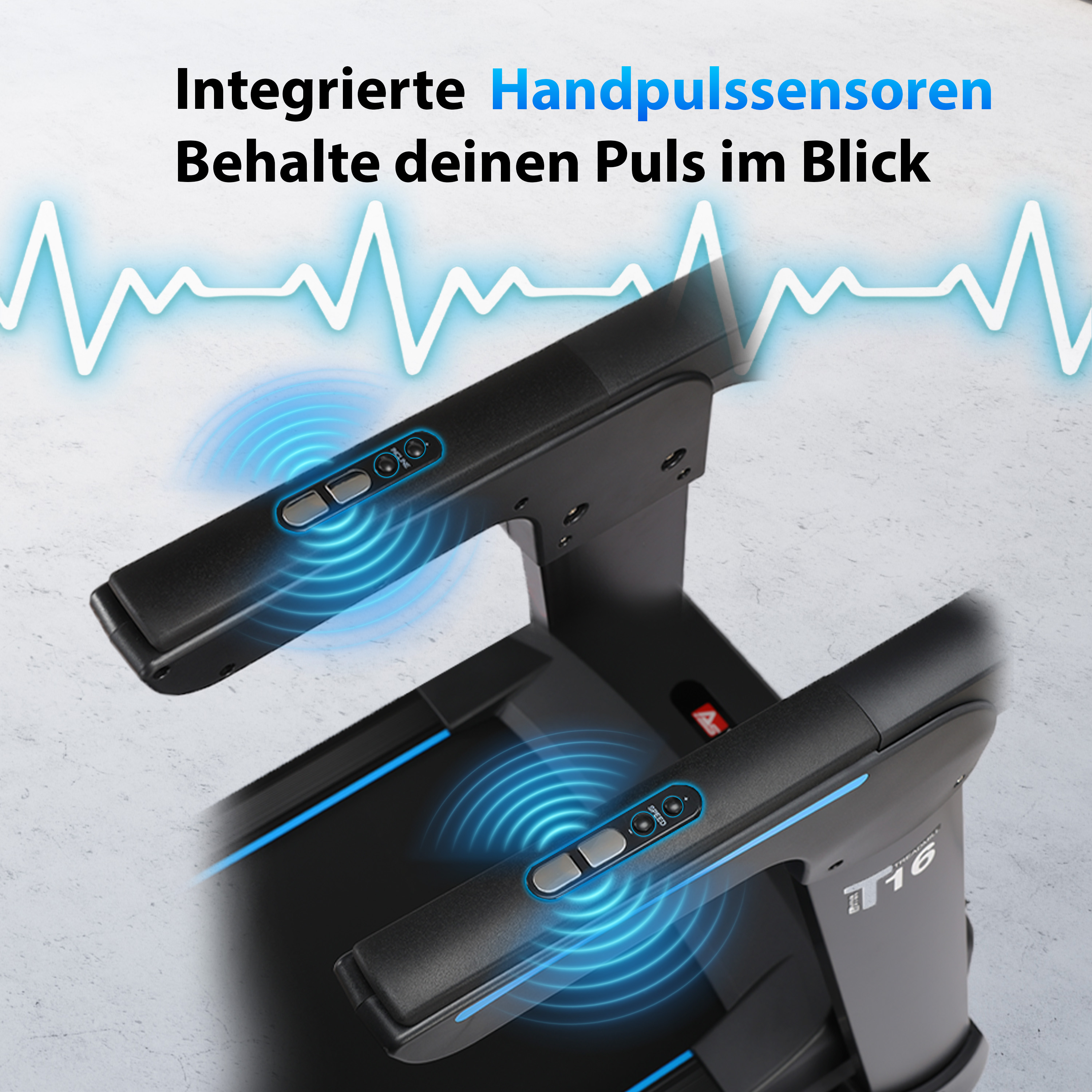 Handpulssensoren sind in ein Laufband integriert und zeigen blaue Herzfrequenzwellen an.