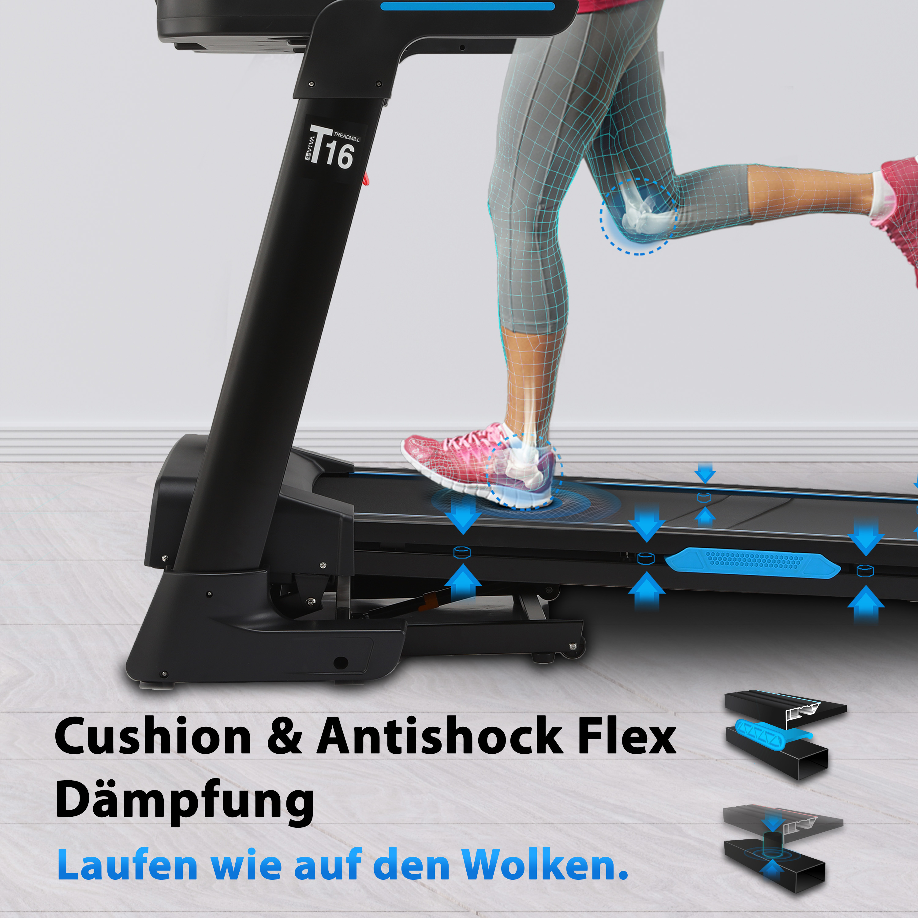 Eine Person läuft auf einem Laufband. Die Maschine ist schwarz mit dem Markennamen T16. Es enthält Illustrationen des Dämpfungssystems.