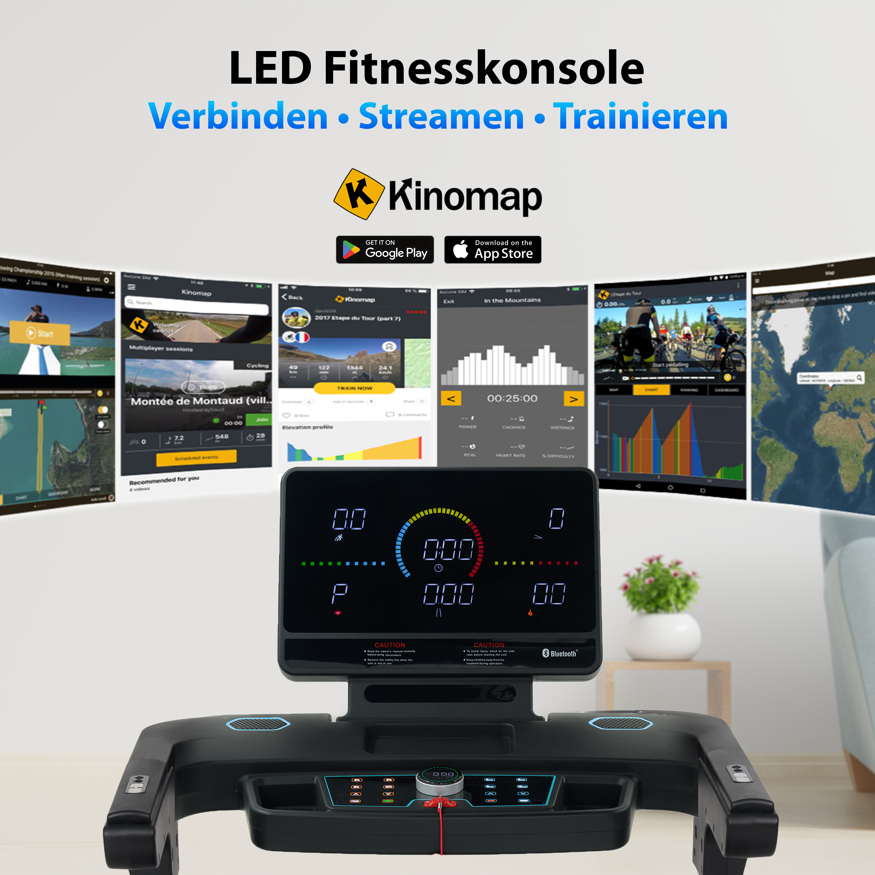 Eine Laufbandkonsole mit mehreren Bildschirmen, die Daten anzeigen.