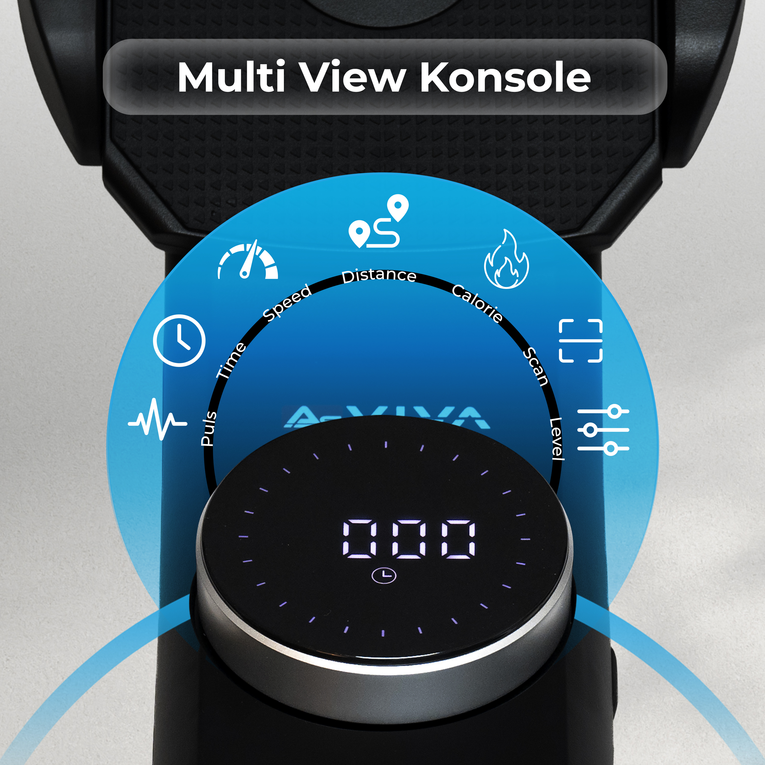 Nahaufnahme einer Laufbandkonsole mit verschiedenen Symbolen: Zeit, Geschwindigkeit, Distanz, Kalorien und Scan-Optionen, mit zentralem Display.