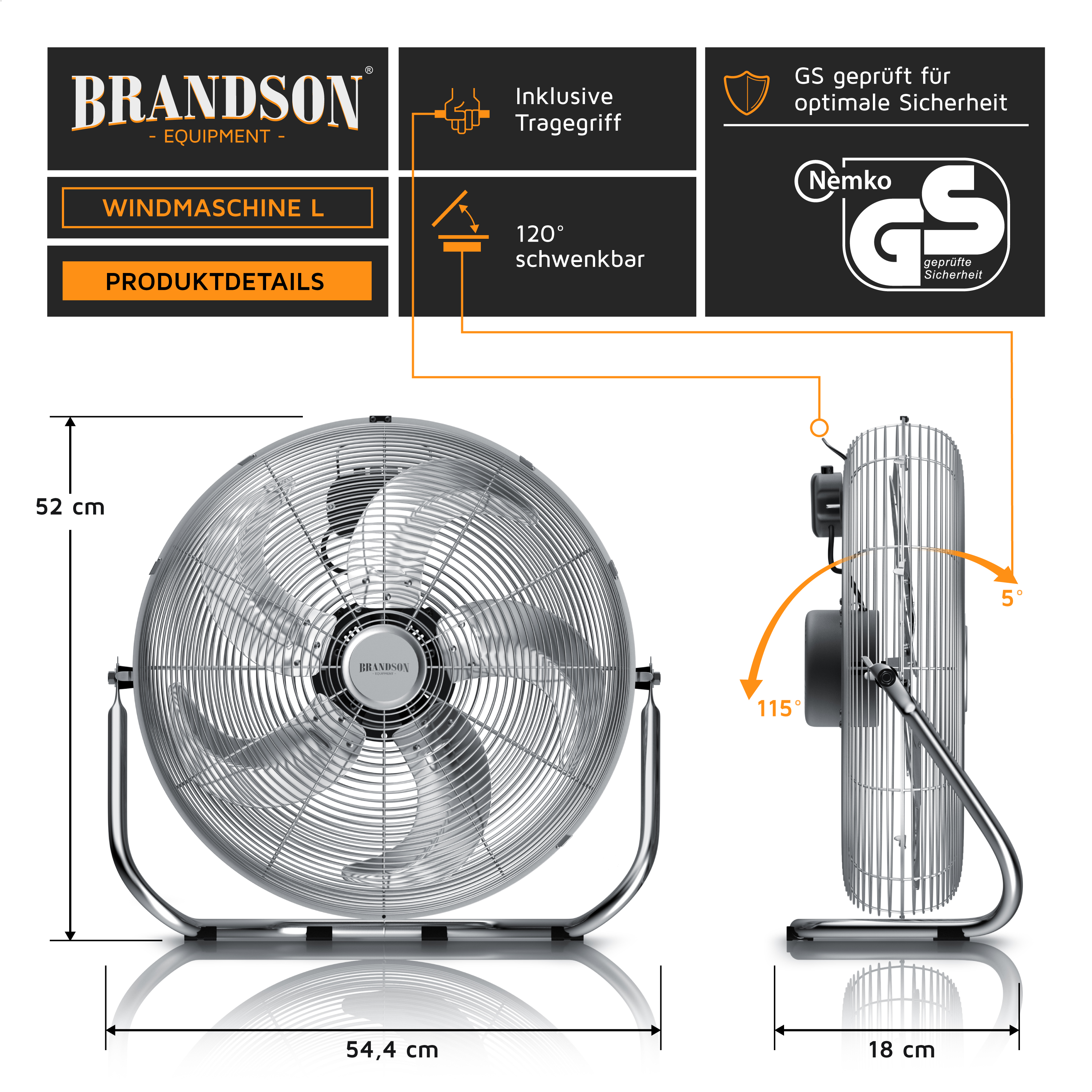 Silberner Ventilator mit Maßen und Details. Texte oben mit dem Brandson-Logo. Der Ventilator ist vor weißem Hintergrund.