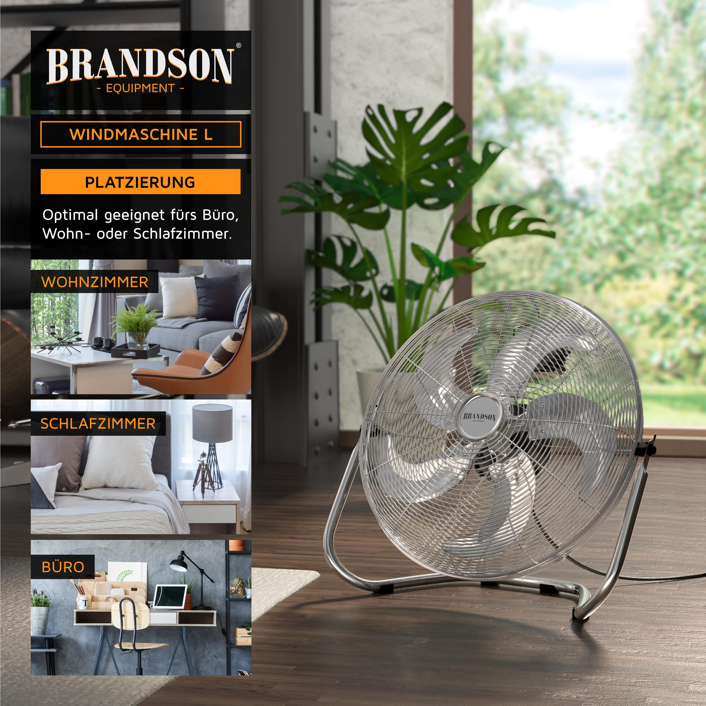 Ein silberner Ventilator in einem Raum mit Fenster und großer Pflanze. Text links mit dem Brandson-Logo.