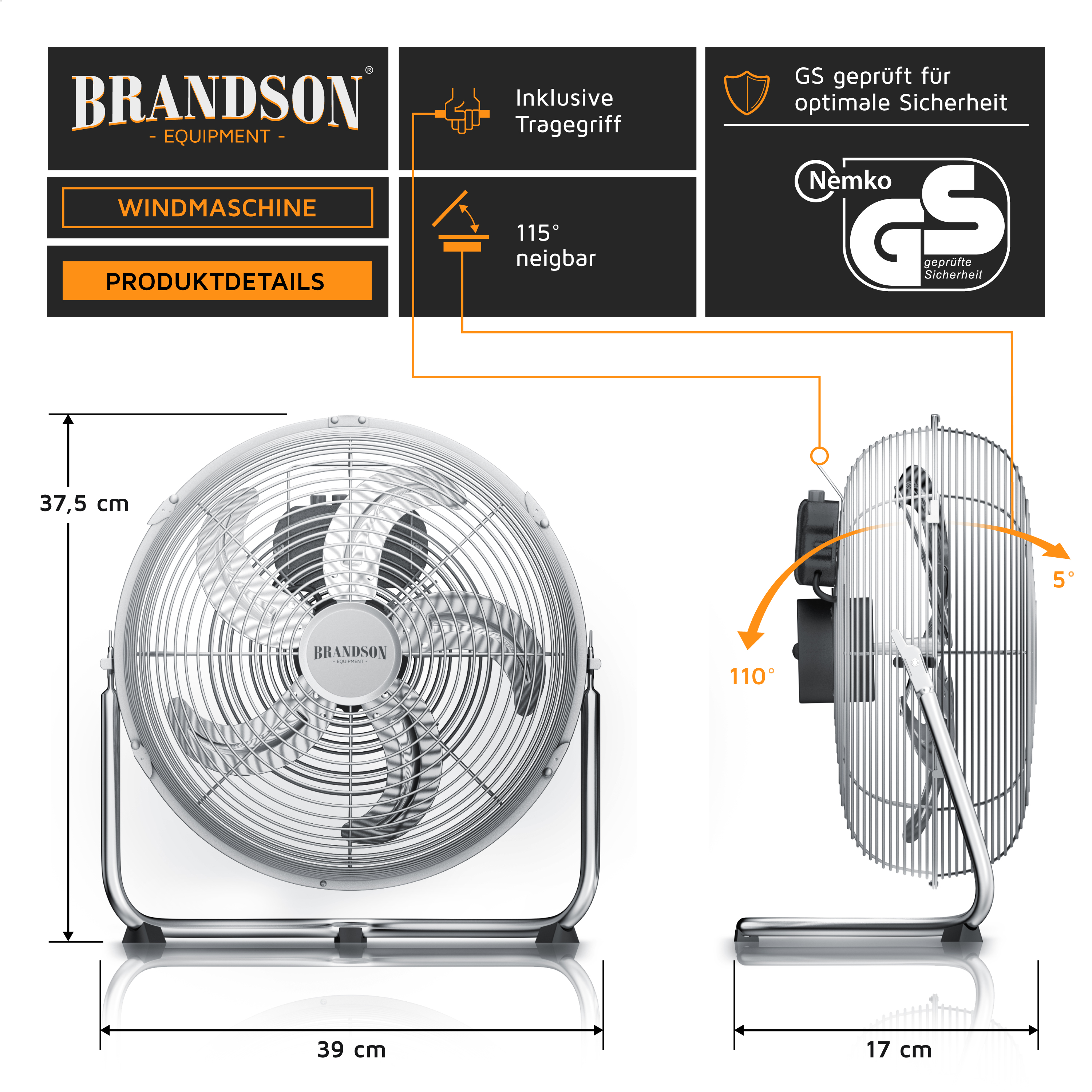 Silberner Ventilator mit Maßen und Details. Texte oben mit dem Brandson-Logo. Der Ventilator ist vor weißem Hintergrund.