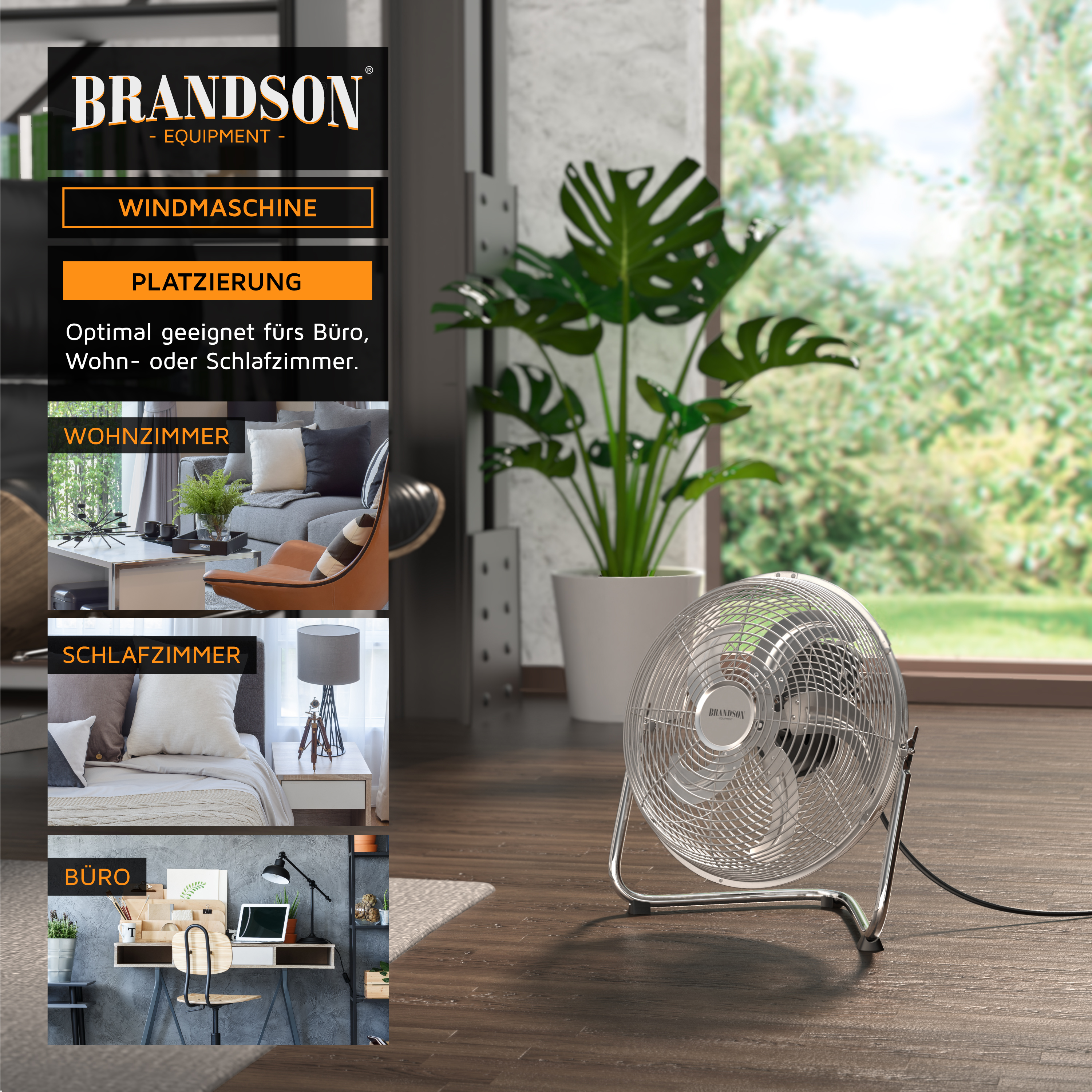 Ein silberner Ventilator in einem Raum mit Fenster und großer Pflanze. Text links mit dem Brandson-Logo.