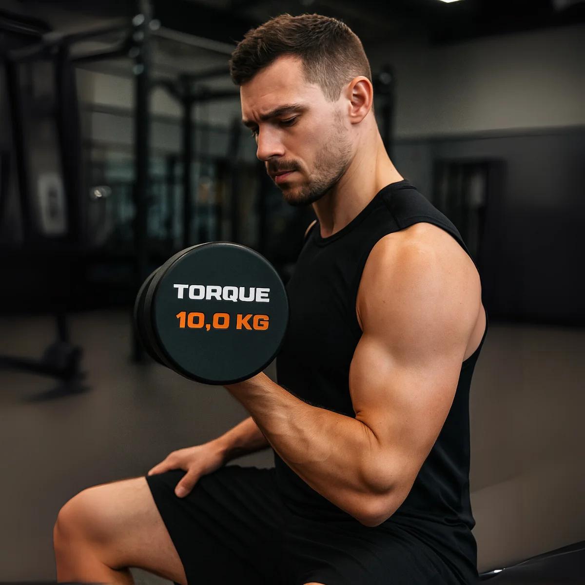 Ein Mann in Schwarz hebt eine 10 kg Hantel. Er ist in einem Fitnessstudio. Die Hantel ist schwarz und orange. Er konzentriert sich auf den Hub.