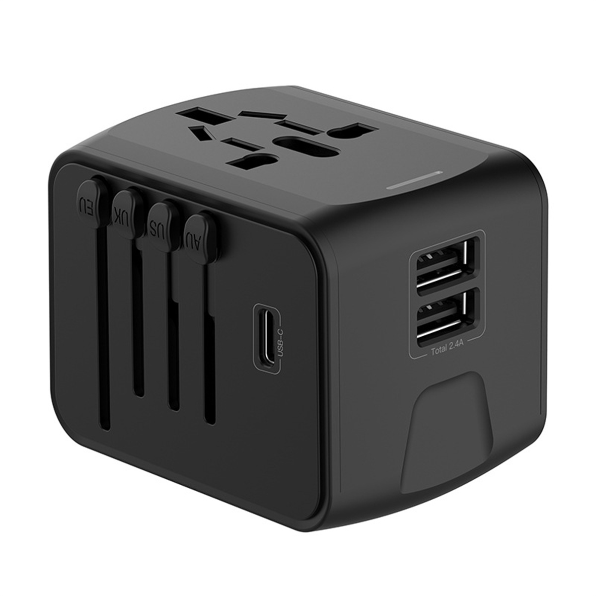 Schwarzer Universal-Reiseadapter mit mehreren Steckertypen, USB-Anschlüssen und einem USB-C-Anschluss, isoliert auf Weiß.