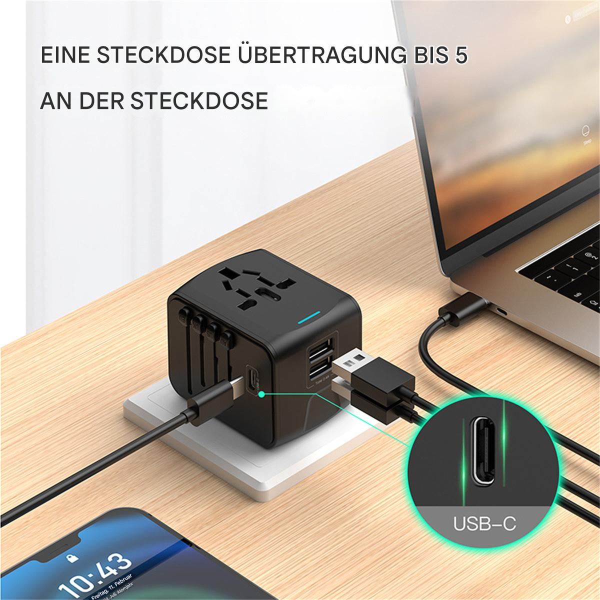 Schwarzer Reiseadapter, an Laptop und Telefon angeschlossen. Kabel und Text-Overlay zeigen einen USB-C-Anschluss.