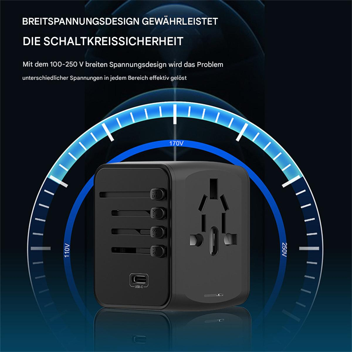 Schwarzer Netzadapter mit mehreren Steckerkonfigurationen, umgeben von einem blauen Bogen, der die Spannung anzeigt, auf Weiß.