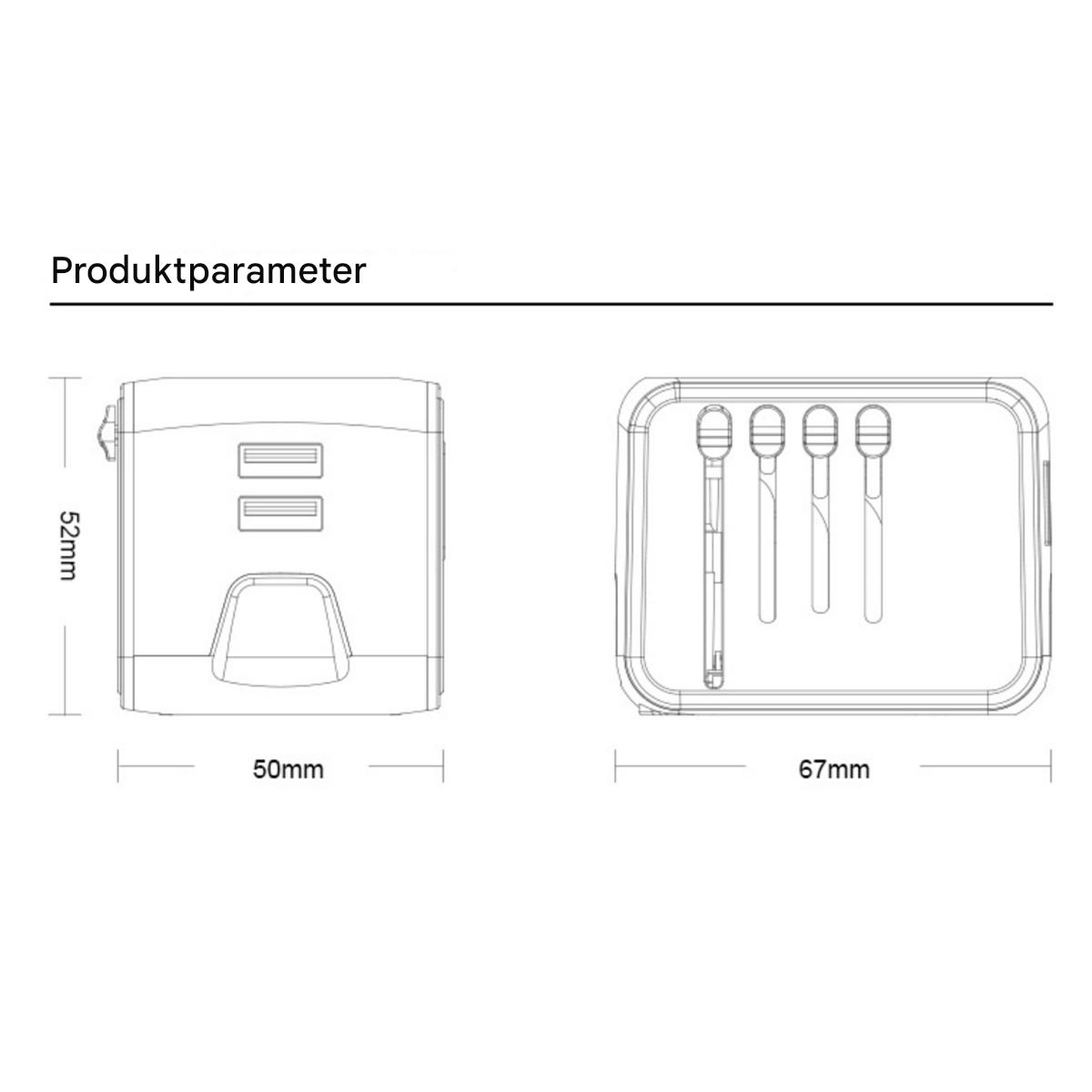 Diagramm eines weißen Geräts mit Abmessungen und ein Tablett mit vier kleinen Objekten auf weißem Hintergrund.