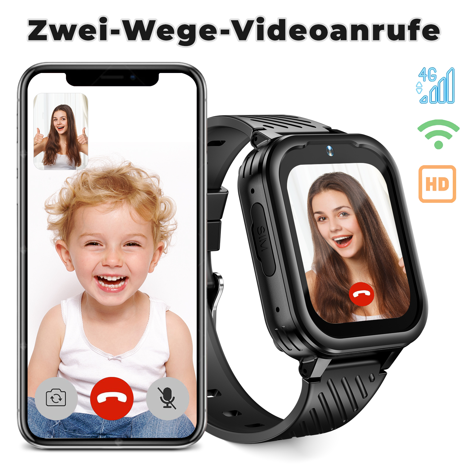 Eine Smartwatch und ein Telefon zeigen Videoanrufe. Ein Kind und eine Frau sind auf den Bildschirmen zu sehen. Symbole für 4G, Wi-Fi und HD sind vorhanden.