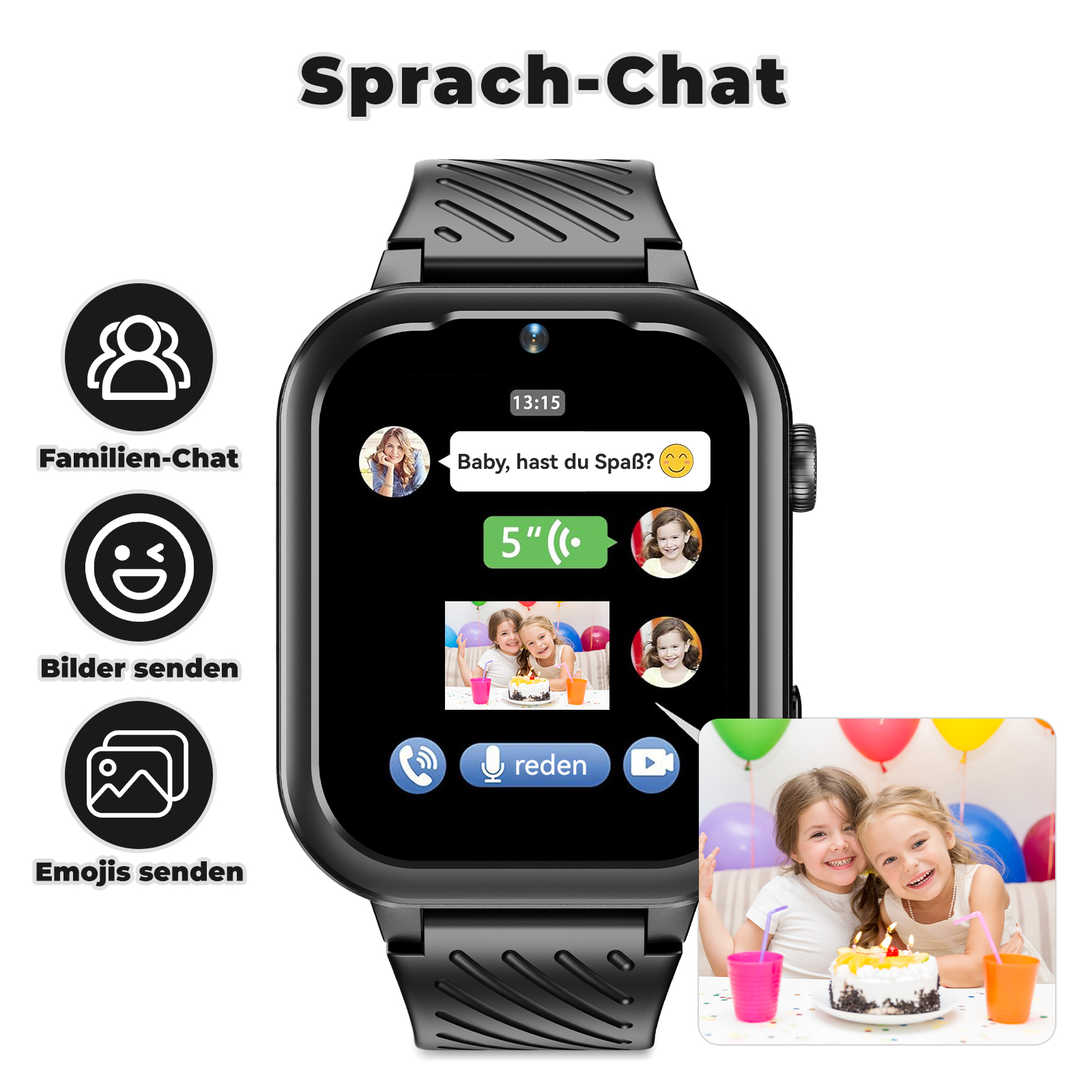 Eine Smartwatch mit Familienchat zeigt Bilder von Kindern und einen Geburtstagskuchen. Emojis und Sende-Bild-Symbole sind vorhanden.