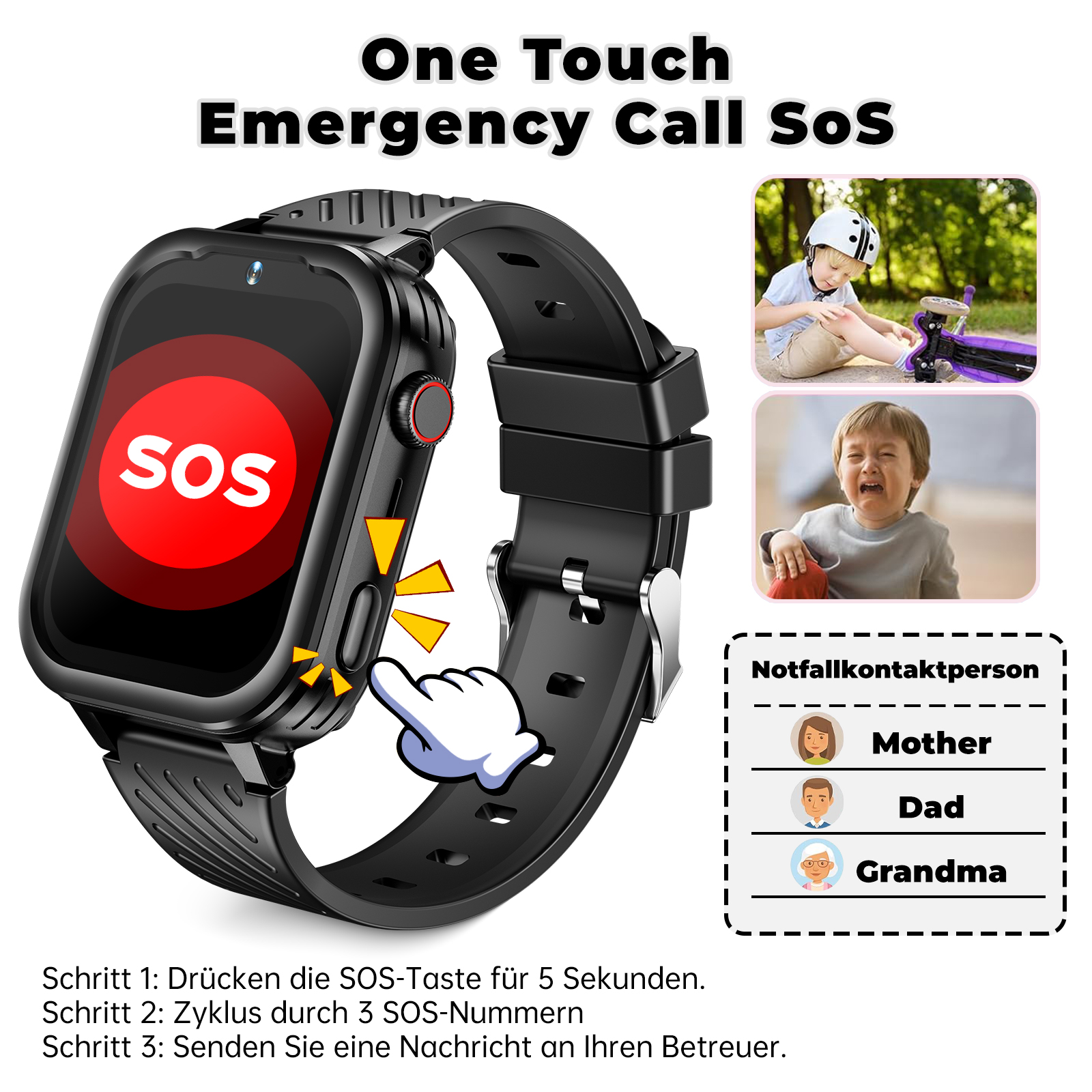 Schwarze Smartwatch mit SOS-Taste. Bilder zeigen Notfallszenarien und Kontaktinformationen: Mutter, Vater, Oma.