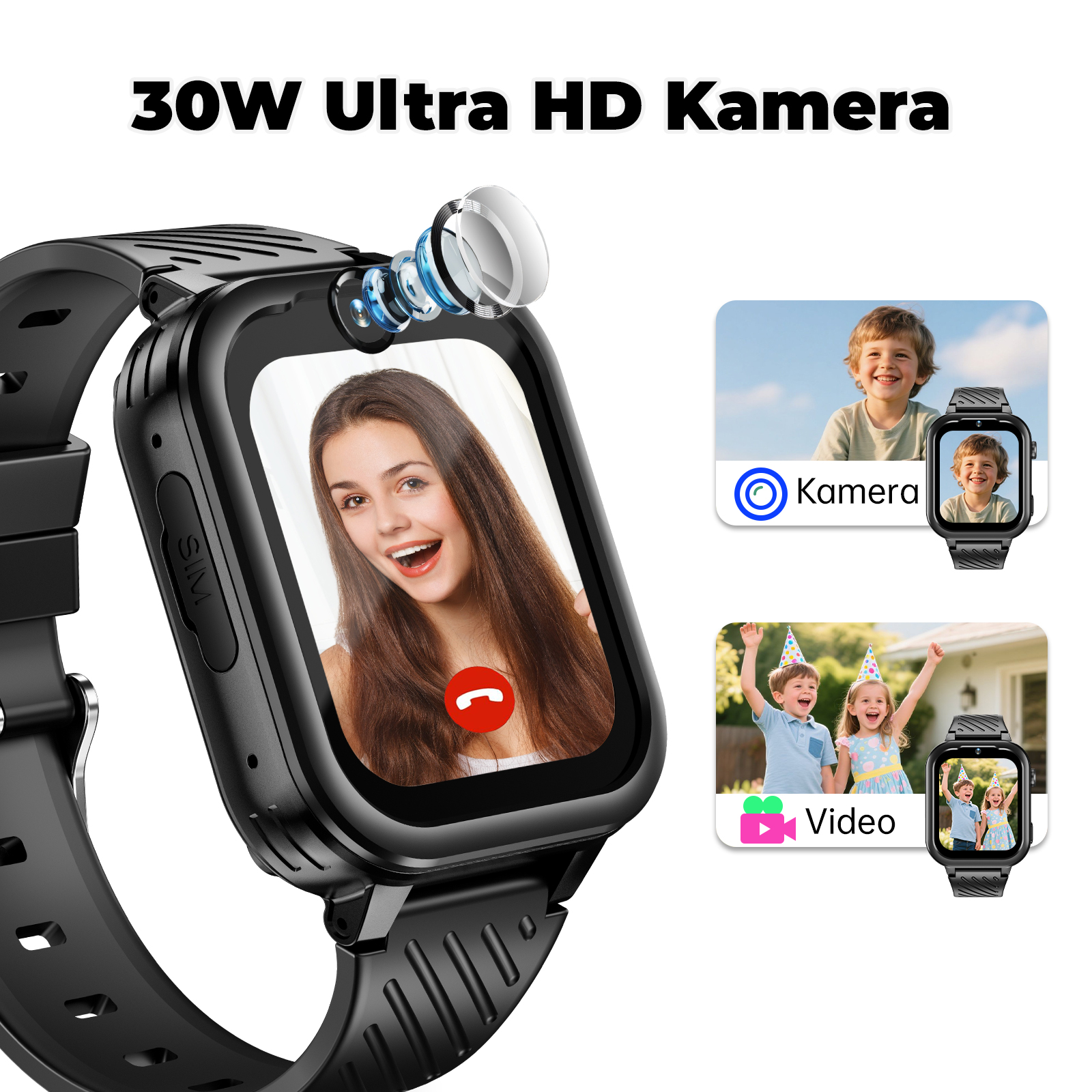 Eine Smartwatch mit Kamera zeigt eine Frau bei einem Videoanruf. Zwei weitere kleine Bilder zeigen Kinder. Die Uhr hat eine Kamera.