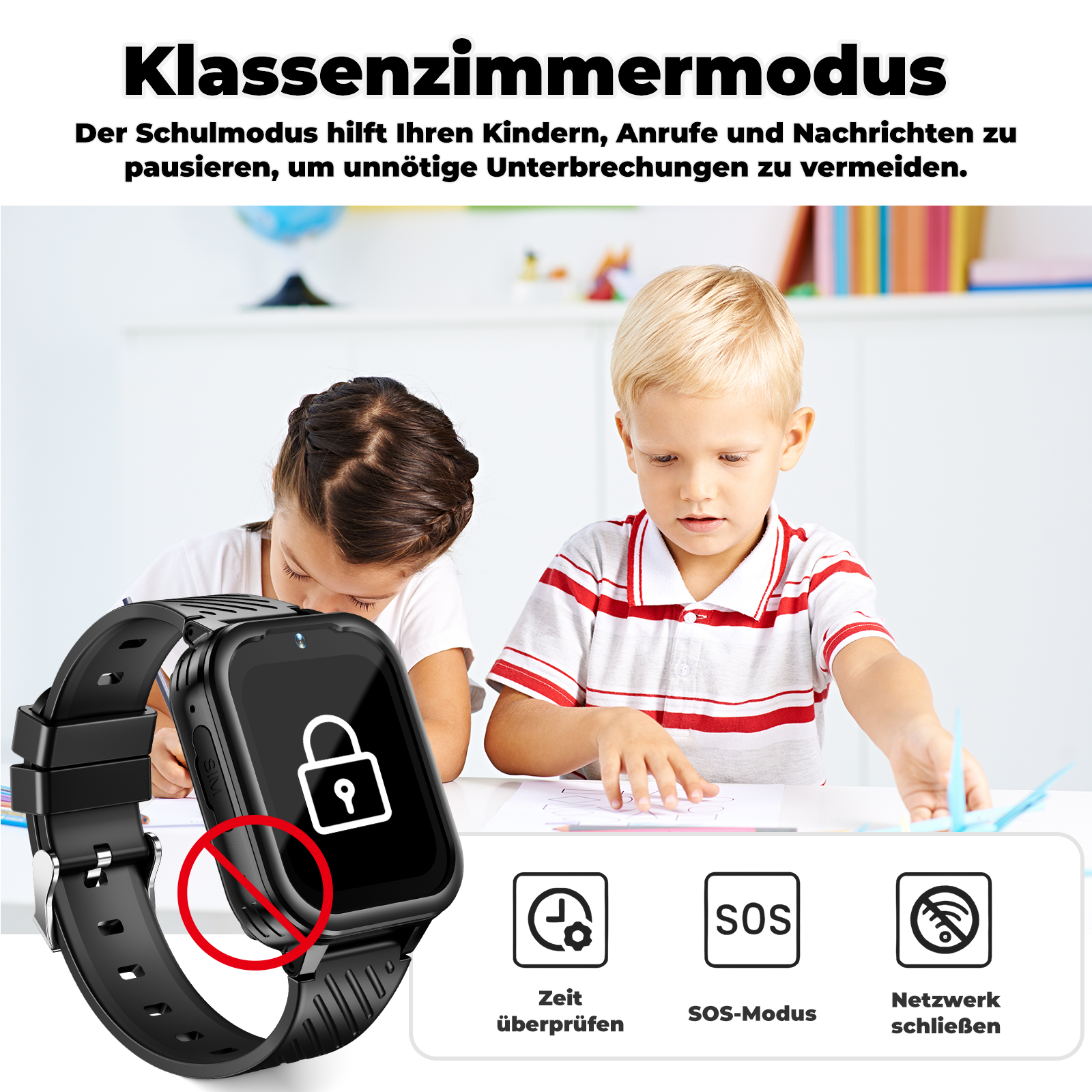 Kinder mit Smartwatches an einem Tisch. Text: 'Klassenzimmermodus' mit Schloss-Symbol und weiteren Icons.