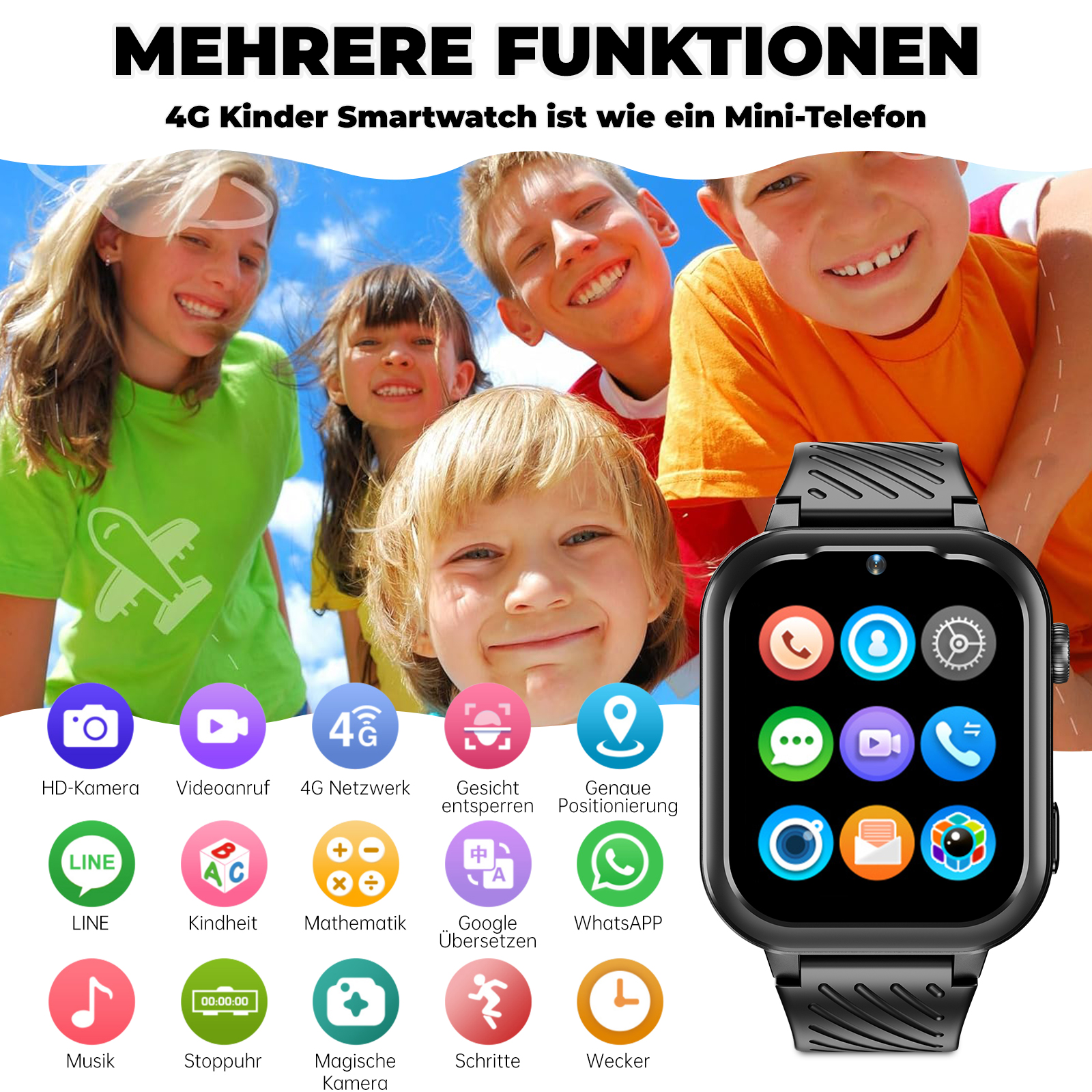 Mehrere Kinder mit einer Smartwatch und Symbolen, die verschiedene Funktionen der Uhr zeigen. Die Uhr zeigt einen Familienchat.