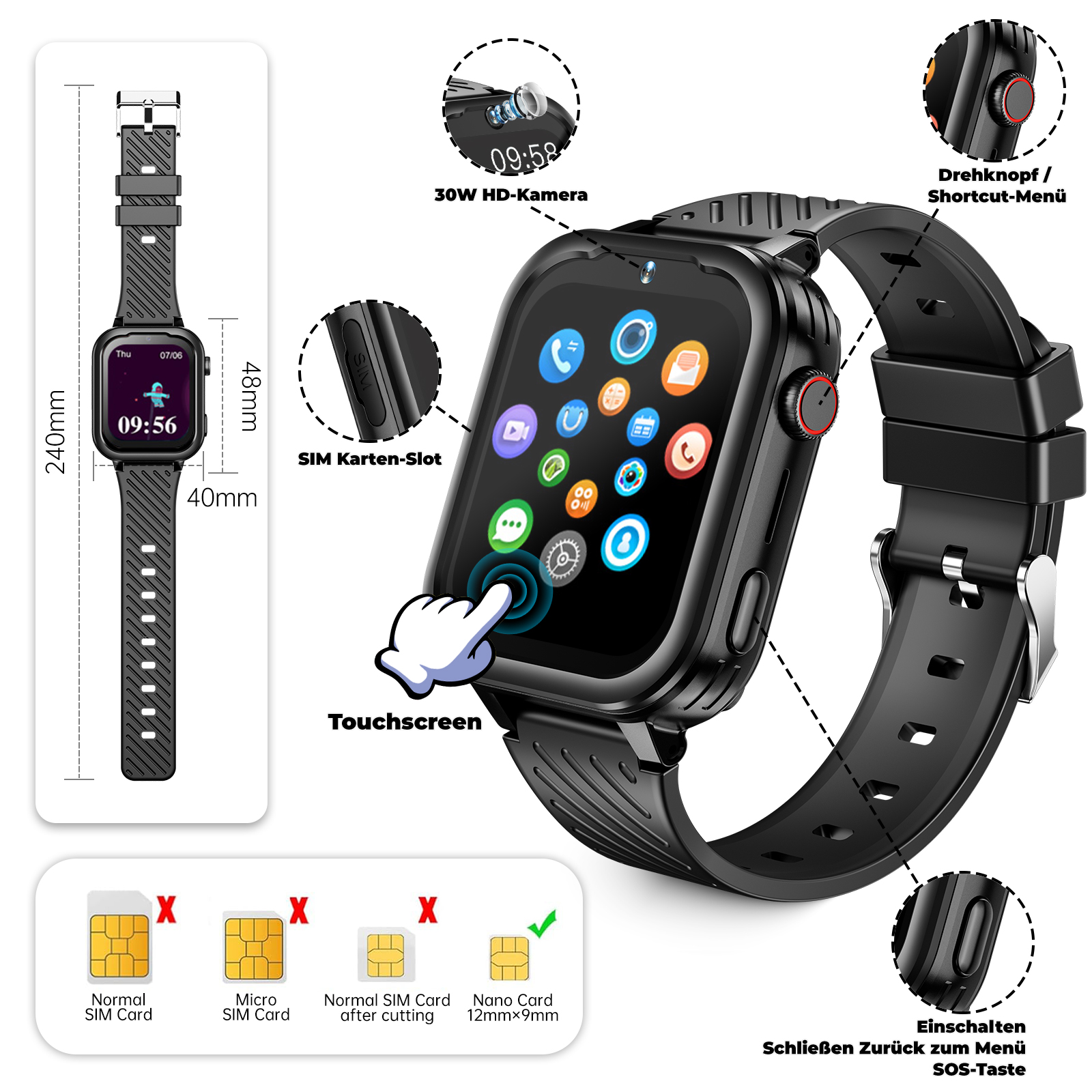 Schwarze Smartwatch mit Touchscreen, Zeitanzeige und verschiedenen Symbolen. Enthält einen SIM-Kartensteckplatz.