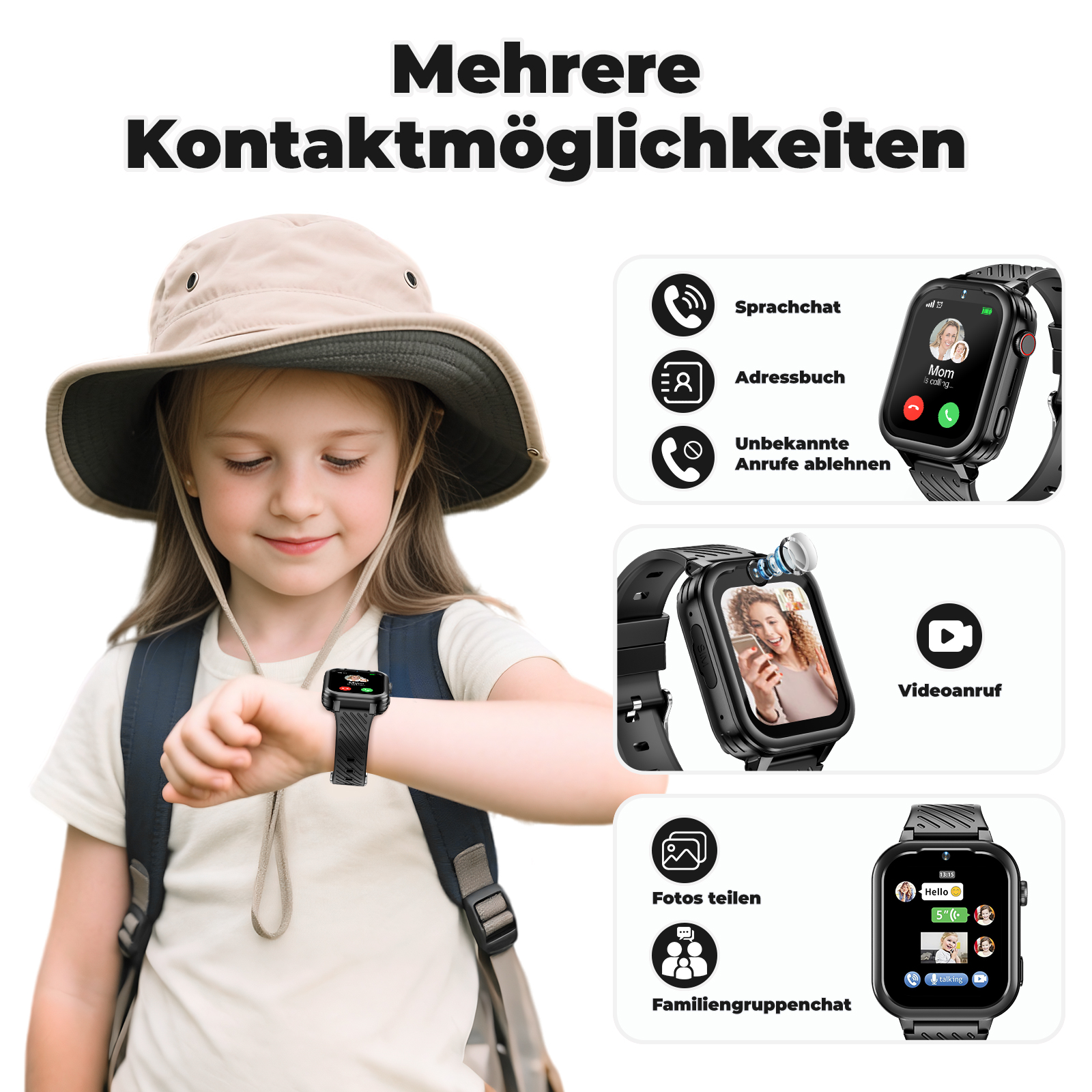 Ein Mädchen mit Hut und Rucksack betrachtet eine Smartwatch an ihrem Handgelenk. Symbole zeigen eine Smartwatch mit verschiedenen Funktionen. Verschiedene Bilder.
