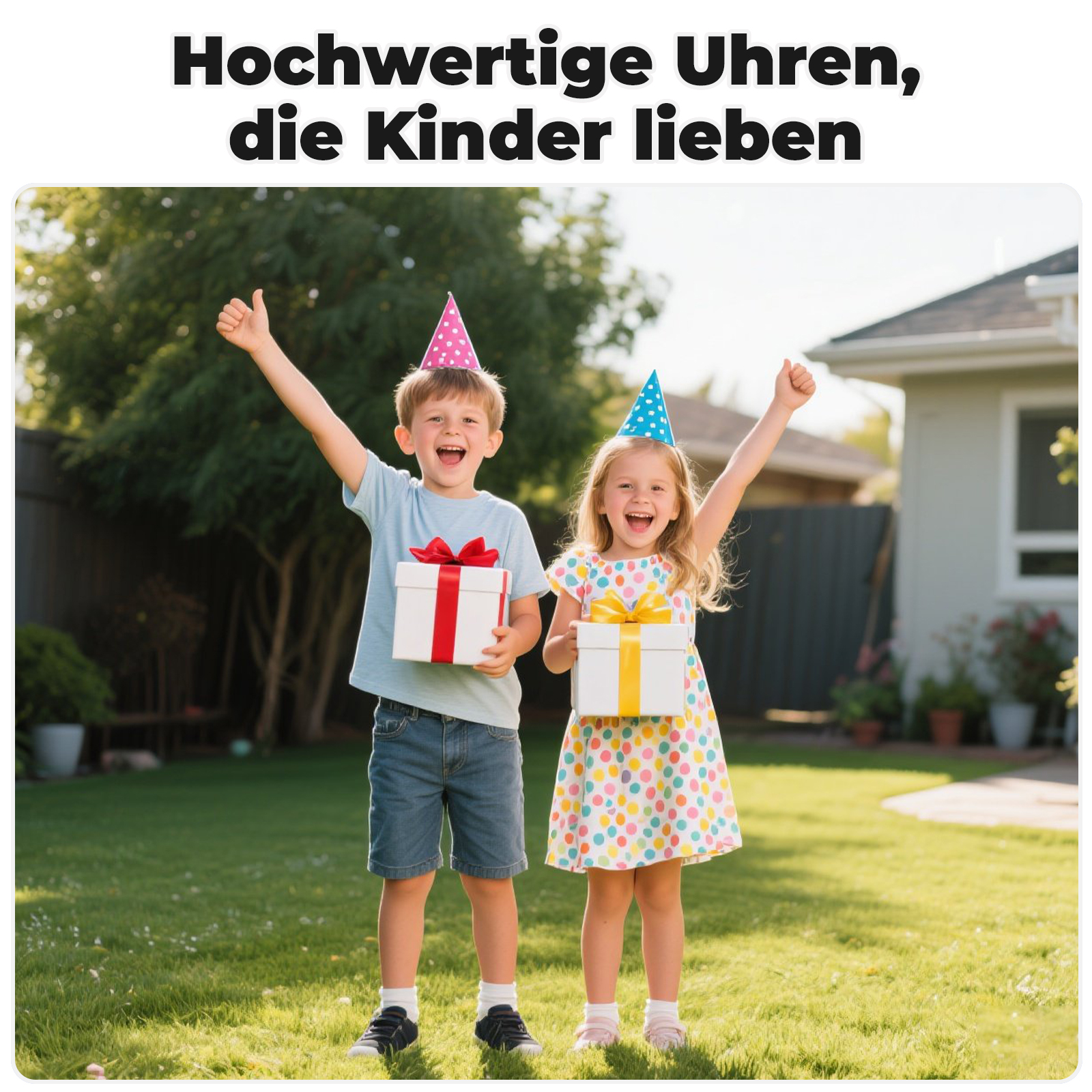 Zwei Kinder feiern Geburtstag. Sie halten Geschenke. Der Hintergrund ist eine grüne Wiese und ein Haus.