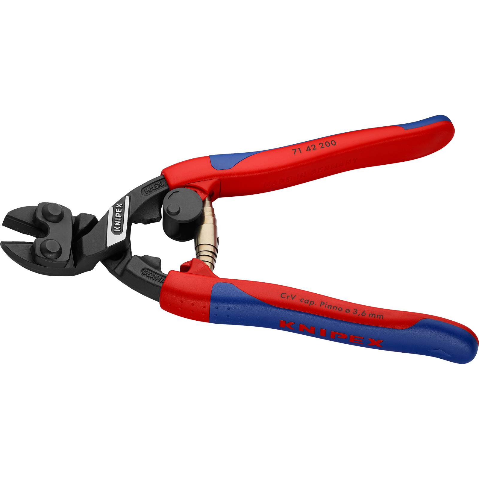 Cortapernos Knipex rojos y azules. Los mangos son rojos y azules, la herramienta está abierta.