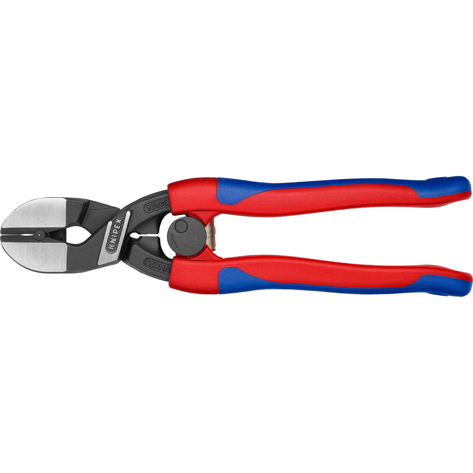 Cortadores de pernos con mango rojo y azul. Las cuchillas están cerradas. El nombre KNIPEX es visible en el cortador.