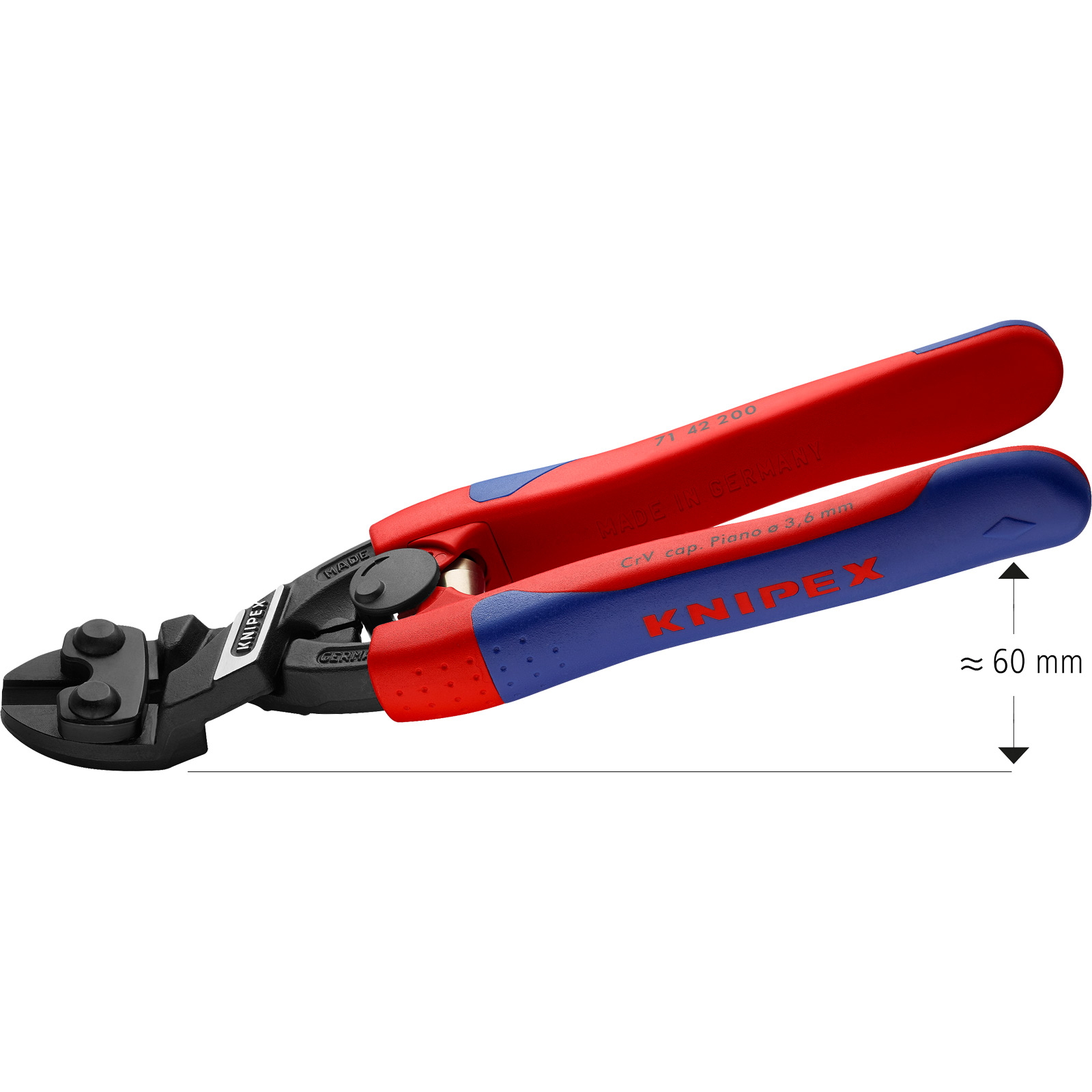Primer plano de cortapernos Knipex rojos y azules. La herramienta está abierta, mostrando las cuchillas.