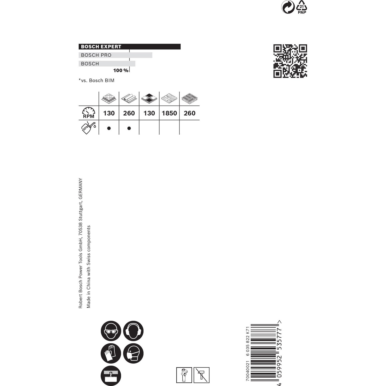 Weißes Papier mit Logos und Text. Enthält einen QR-Code und Sicherheitssymbole. Bosch-Produktinformationen.