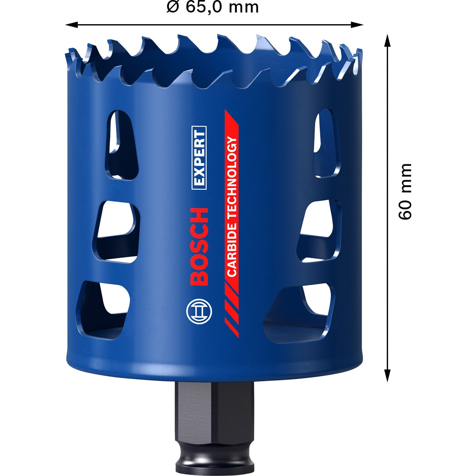 Eine blaue Bosch Expert Lochsäge mit schwarzem Sockel. Ein Bohrer ist in der Mitte sichtbar.