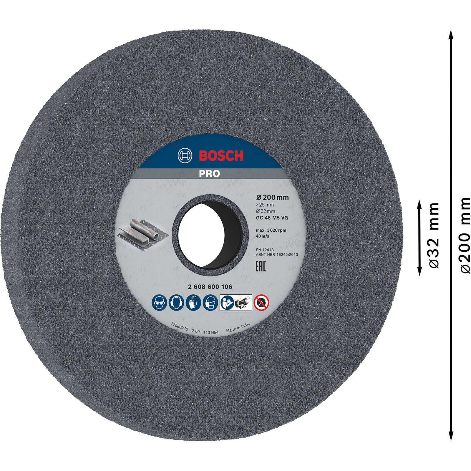 Eine graue runde Schleifscheibe mit Text und Abmessungen. Es ist ein Bosch Pro Produkt.