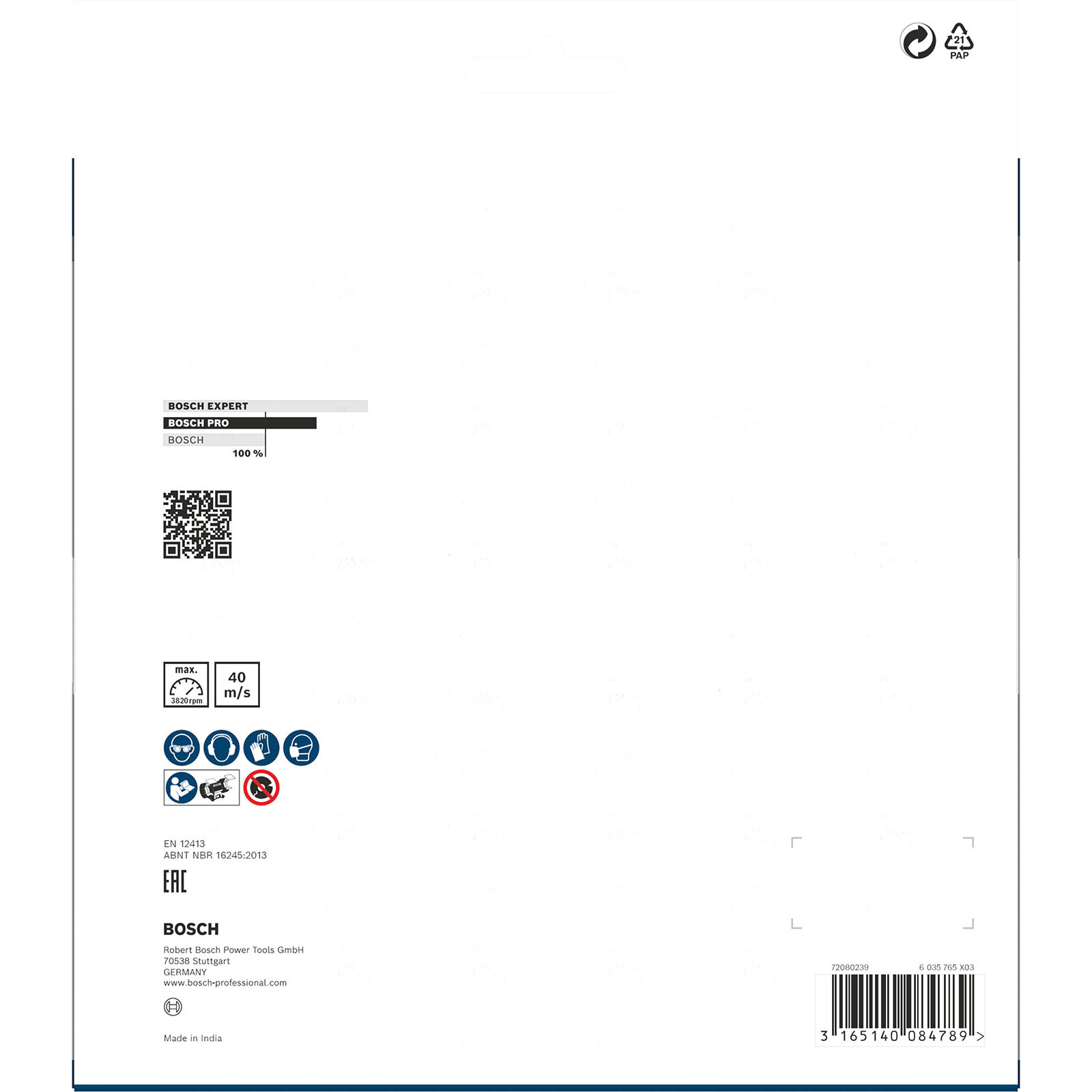 Weißes Papier mit Text und Logos. Enthält einen QR-Code und einen Barcode am unteren Rand.