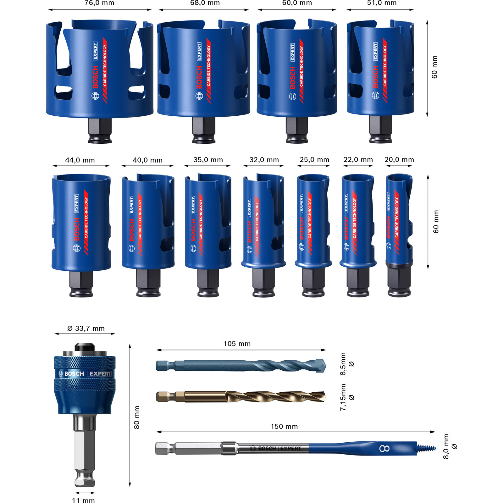 Sortiment blauer Lochsägen, Bohrer und ein Bohrfutter der Marke Bosch Expert. Größen und Maße sind angegeben.