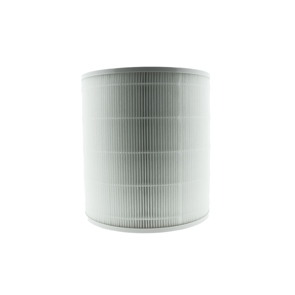 Weißer zylindrischer Luftfilter mit Faltendesign, vor weißem Hintergrund.