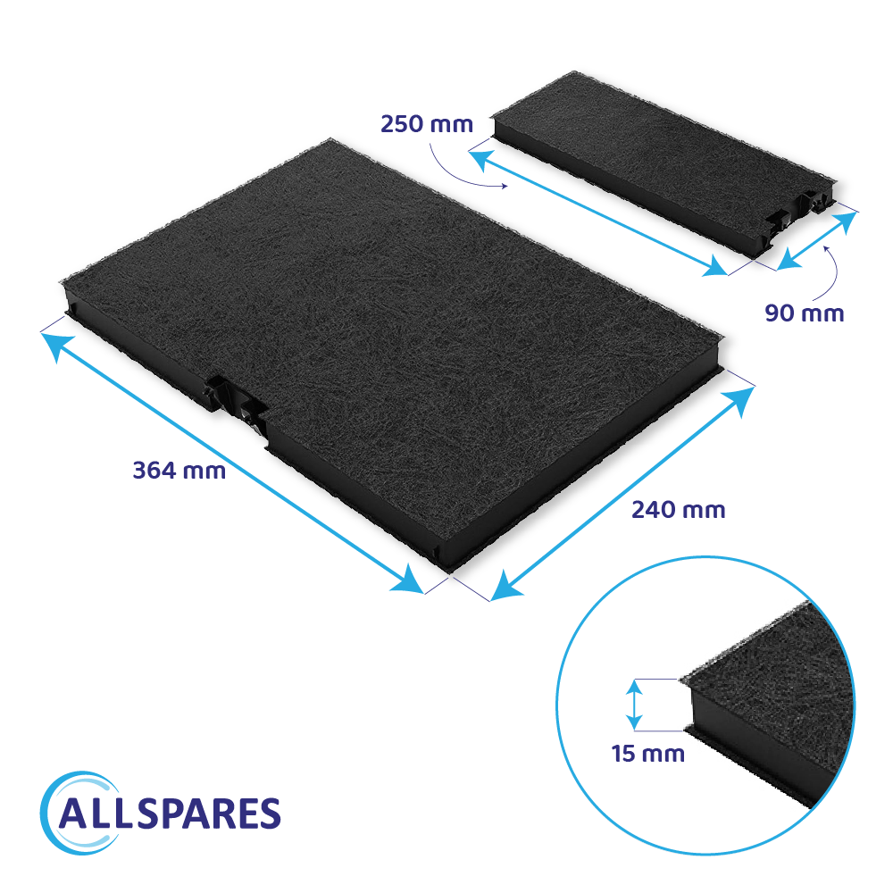 Dwa czarne prostokątne filtry z wymiarami, jeden większy, jeden mniejszy. Okrągły szczegół pokazuje grubość filtra.