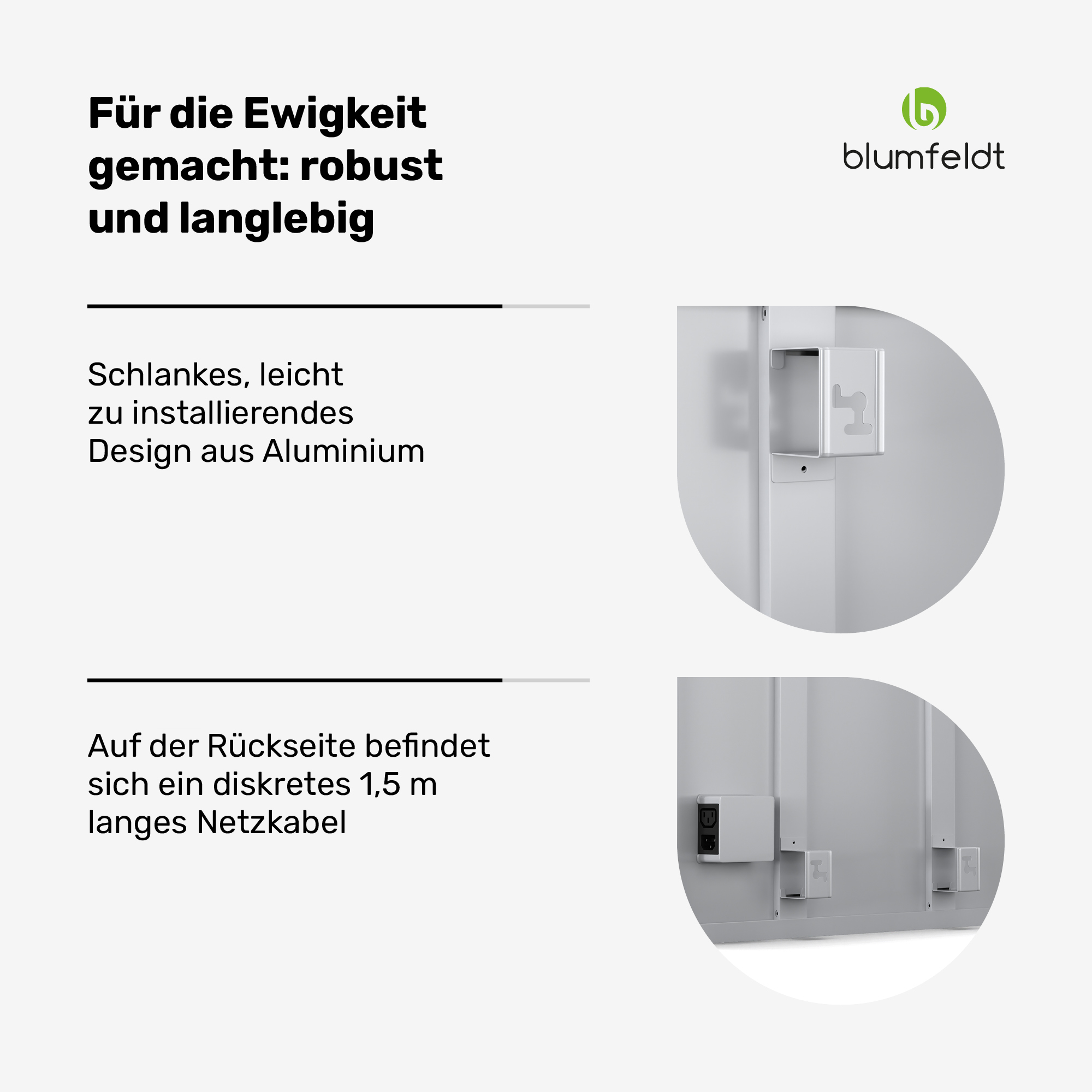 Blumfeldt robuste Paneelwerbung, die Produktdetails und -merkmale zeigt.