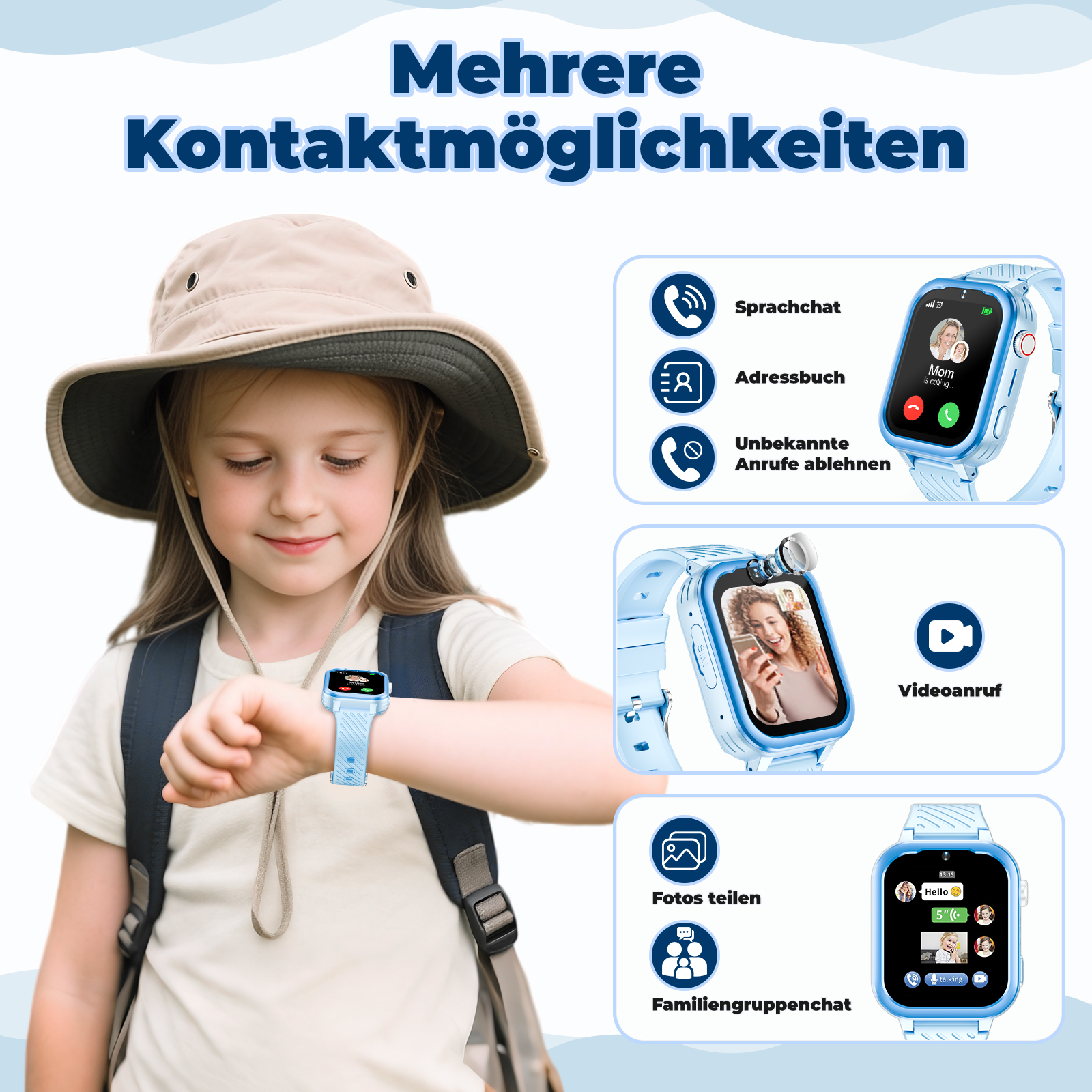 Ein Mädchen mit einer Smartwatch. Grafiken zeigen Sprachchat, Adressbuch und Unbekannte Anrufe ablehnen.