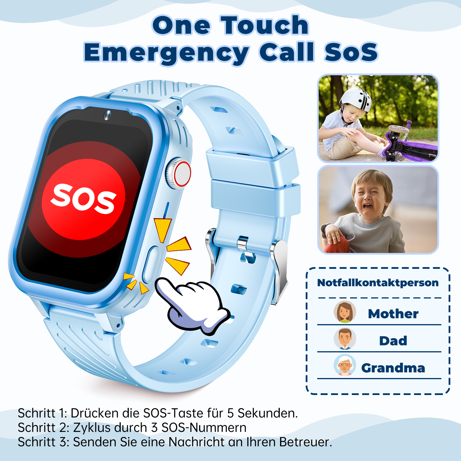 Smartwatch mit SOS-Funktion. Enthält Schritte zur Aktivierung und eine Liste von Notfallkontakten wie Eltern.