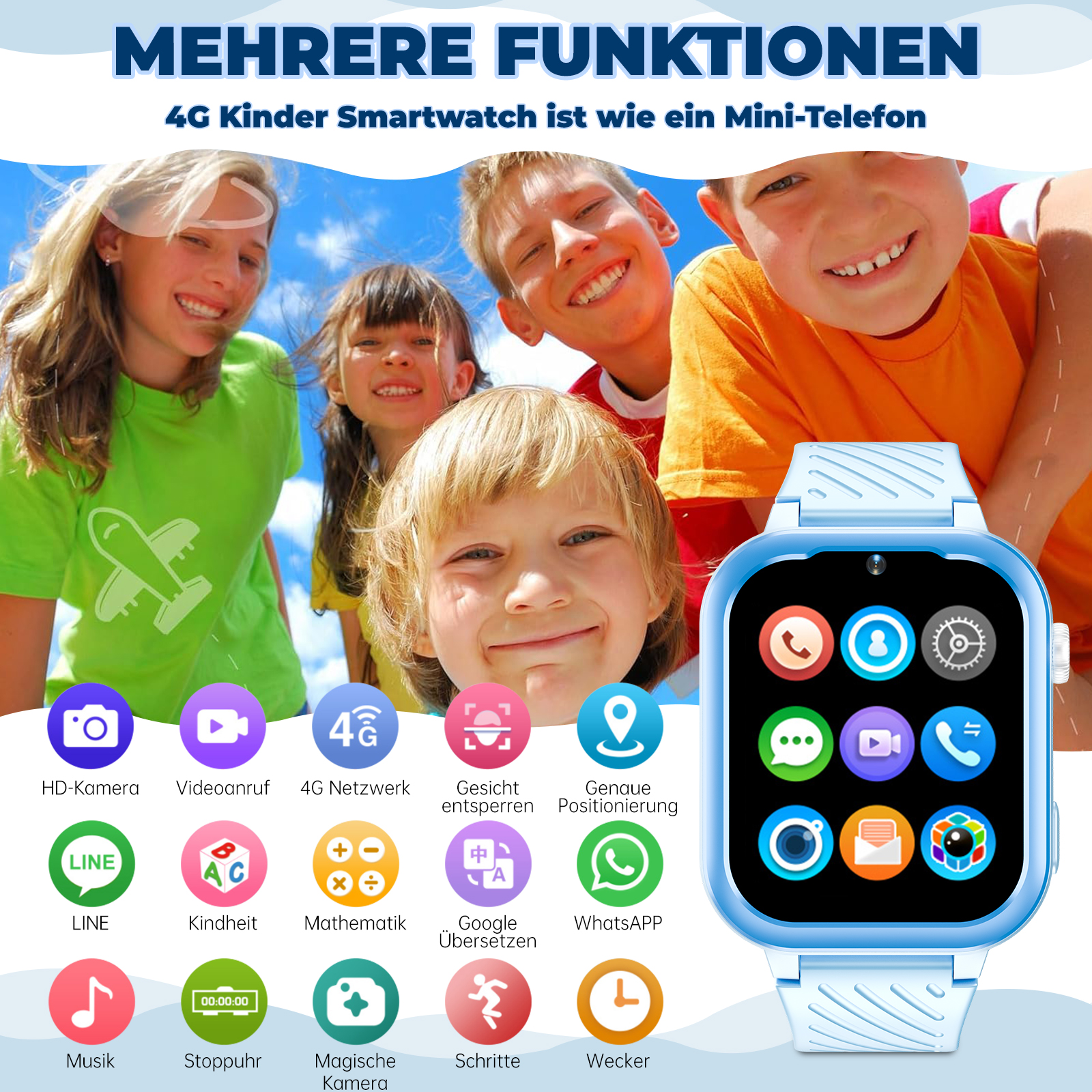 Eine Smartwatch mit mehreren Symbolen: Kamera, Videoanruf, 4G-Netzwerk, Gesichtserkennung und mehr.