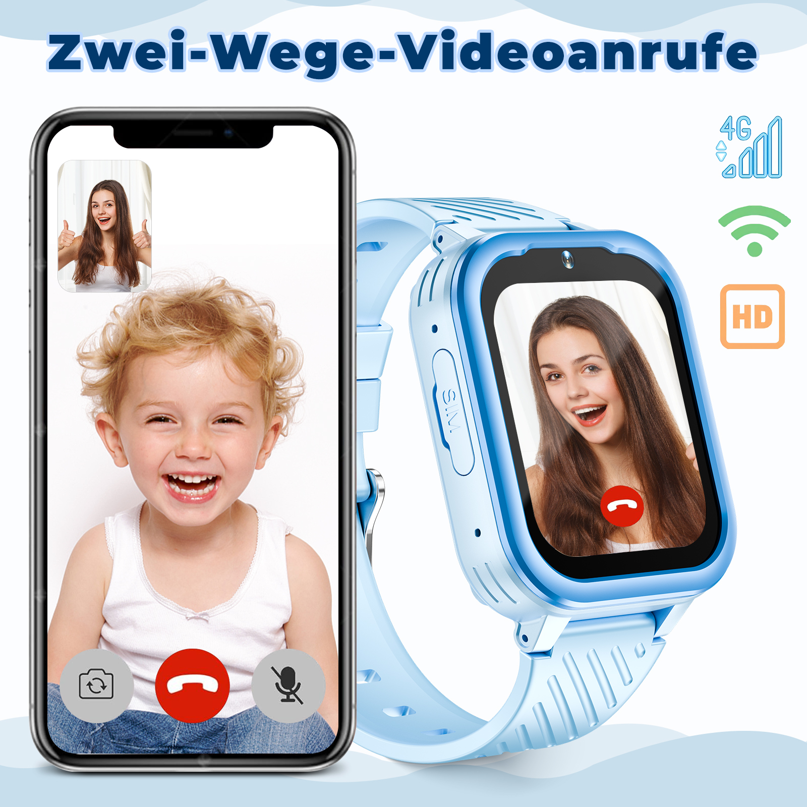 Smartwatch zeigt einen Videoanruf zwischen einem Kind und einem Erwachsenen. Zeigt 4G-Signal und HD-Qualität.