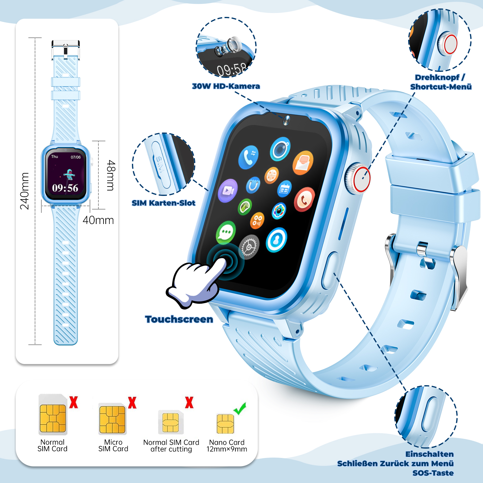 Eine hellblaue Smartwatch mit Touchscreen, Symbolen und Armband. Sie hat Kamera, SIM-Slot und Knöpfe. Zeigt die Zeit an.