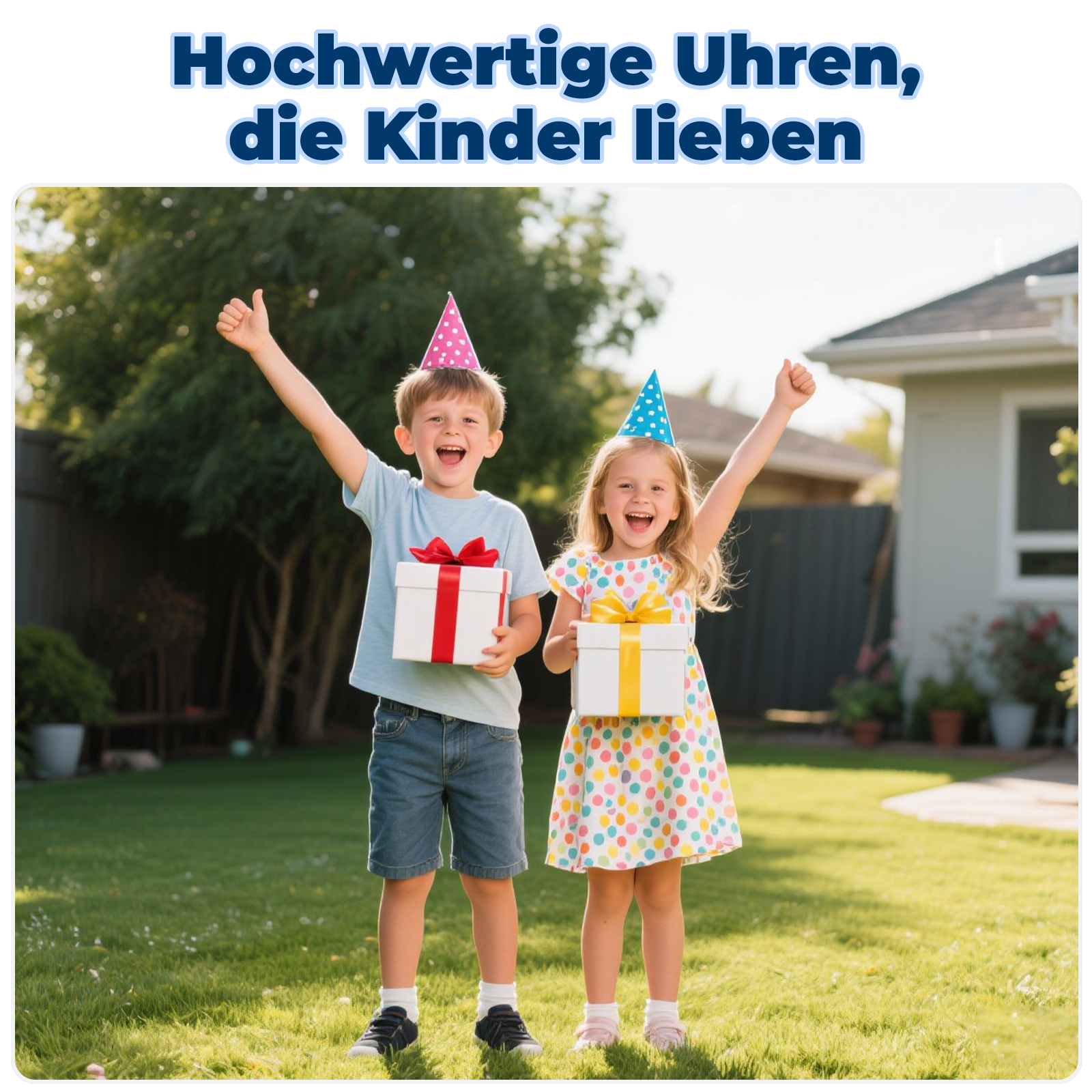 Zwei Kinder feiern mit Geschenken und Partyhüten auf einer grünen Wiese, sonniger Tag. Fröhliche Gesichter.