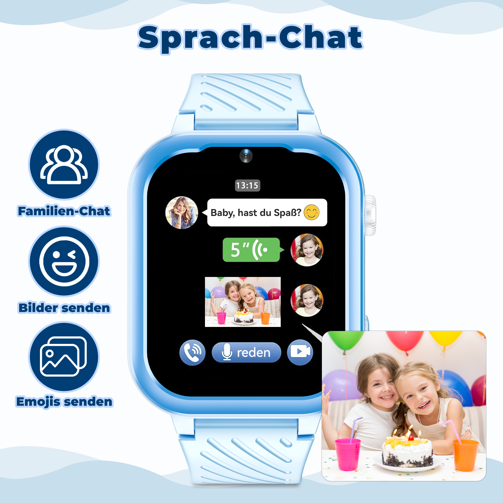 Smartwatch-Bildschirm mit Chat mit Kindern und Emojis. Funktionen umfassen Familienchat, Bilder senden.