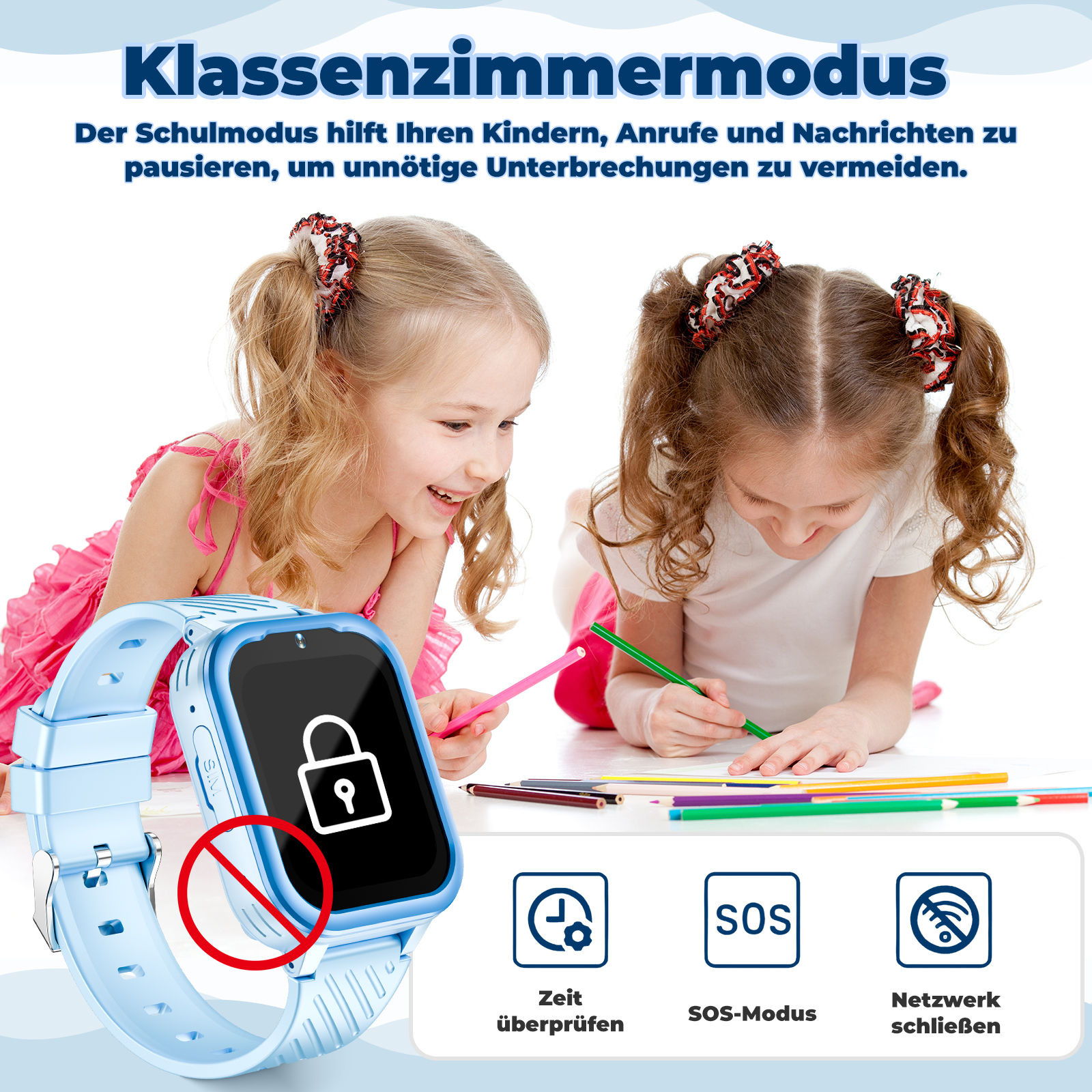 Zwei Mädchen zeichnen mit Buntstiften. Eine blaue Smartwatch zeigt ein Schlosssymbol. Text weist auf den Schulmodus hin.