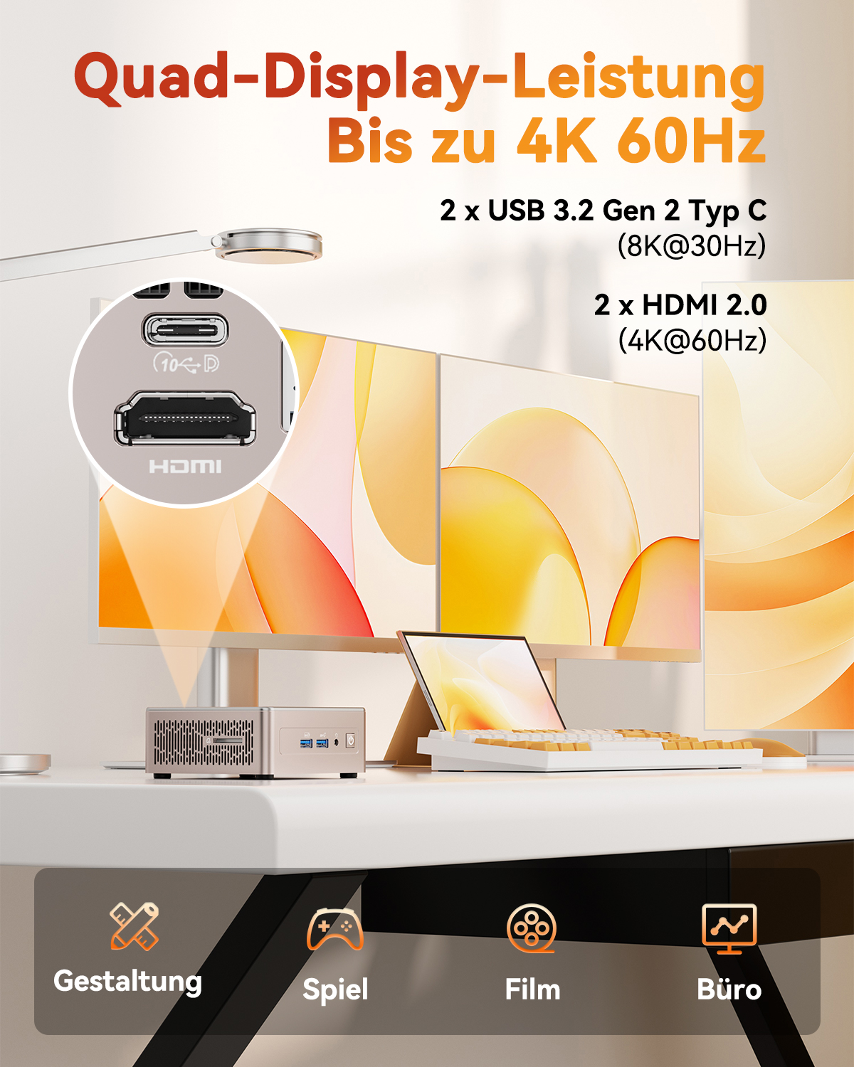 Mini-PC an zwei Monitore angeschlossen. Zeigt Anschlüsse und Symbole für Design, Gaming, Film und Büro.
