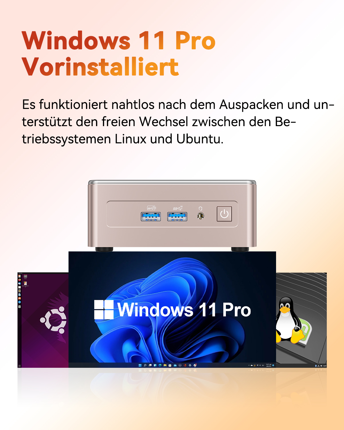 Ein Mini-PC zeigt Windows 11 Pro auf einem Bildschirm mit Linux- und Ubuntu-Symbolen, was die Unterstützung mehrerer Betriebssysteme anzeigt.