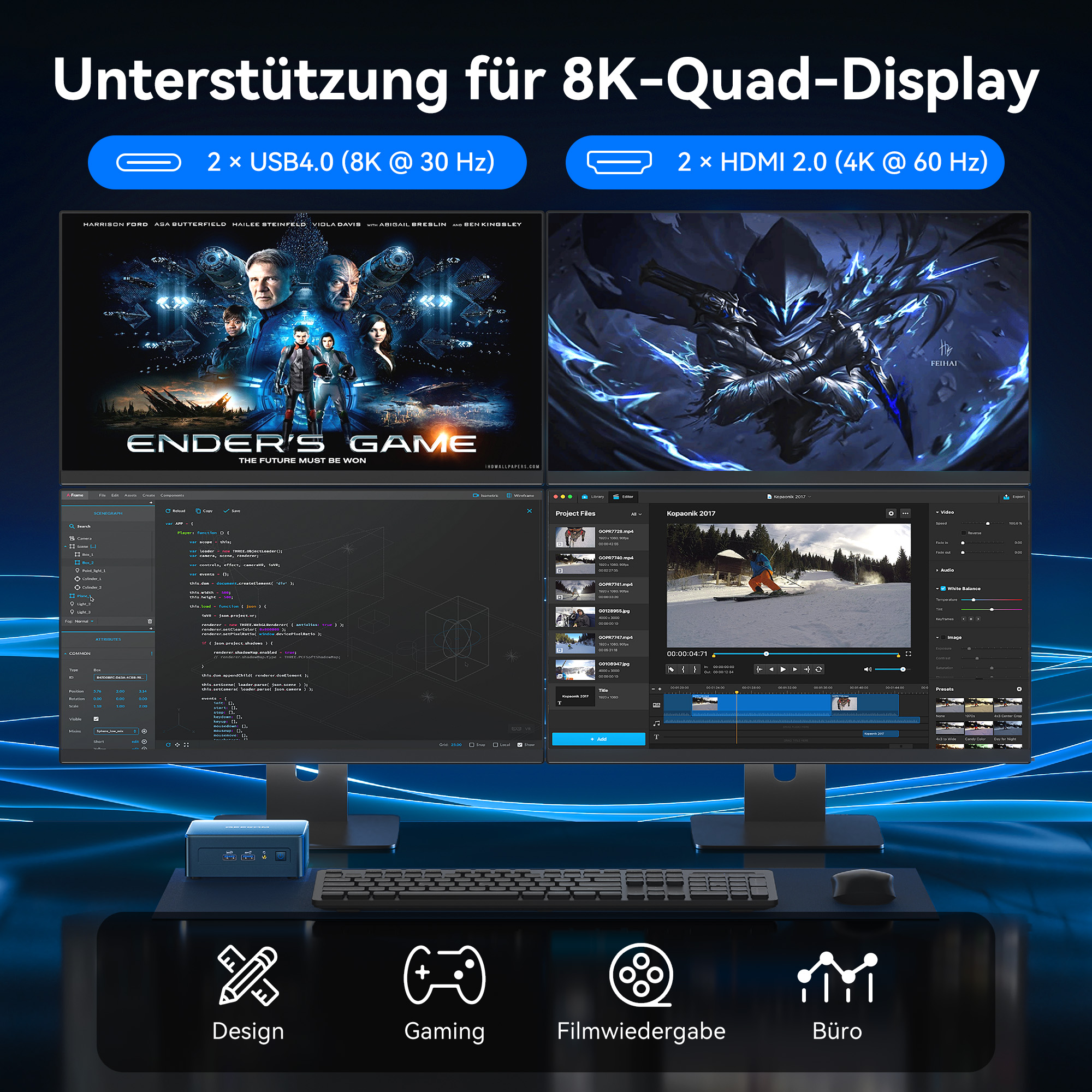Vier Bildschirme mit Filmplakat, Code-Editor, Videobearbeitung und Spiel-UI. Text: 8K-Quad-Display.