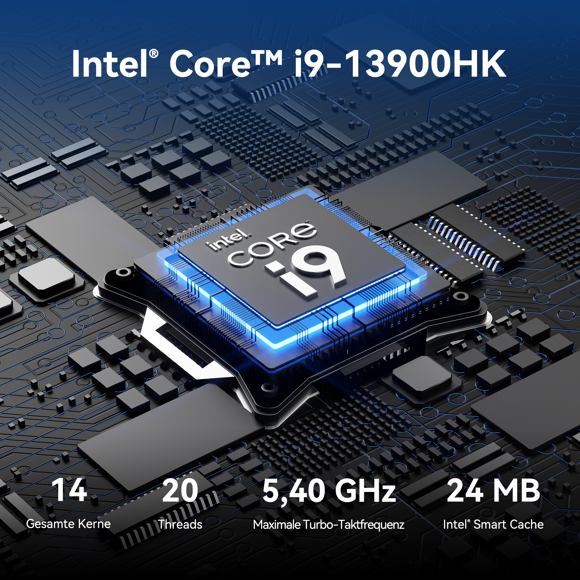 Primer plano del procesador Intel Core i9, mostrando 14 núcleos, 20 hilos y 5,40 GHz.