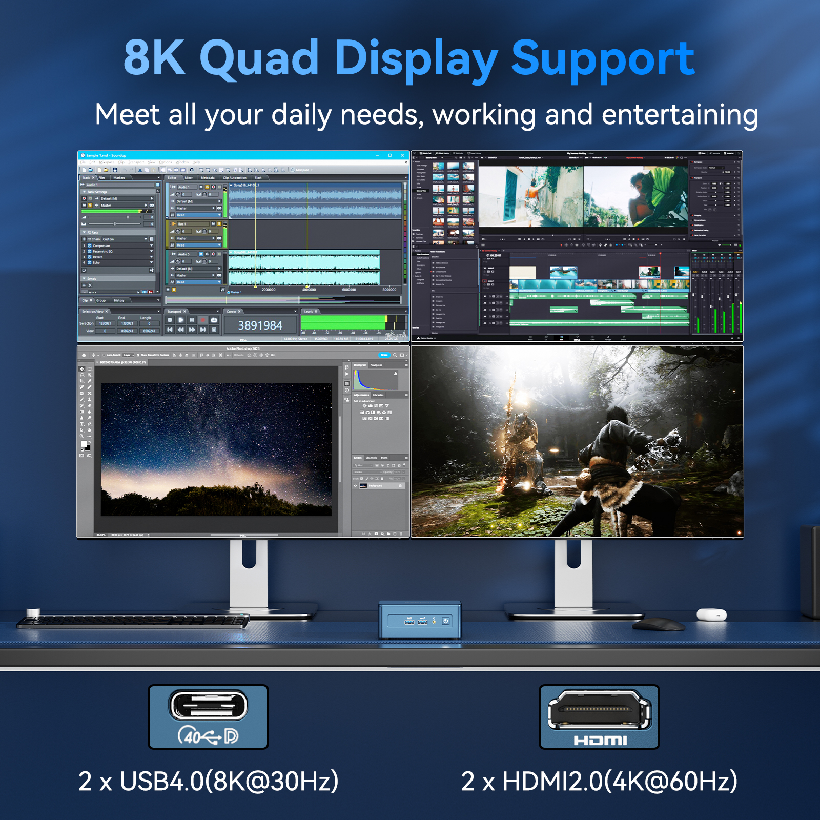 Múltiples monitores mostrando software de edición y escenas de juegos, con puertos USB y HDMI.