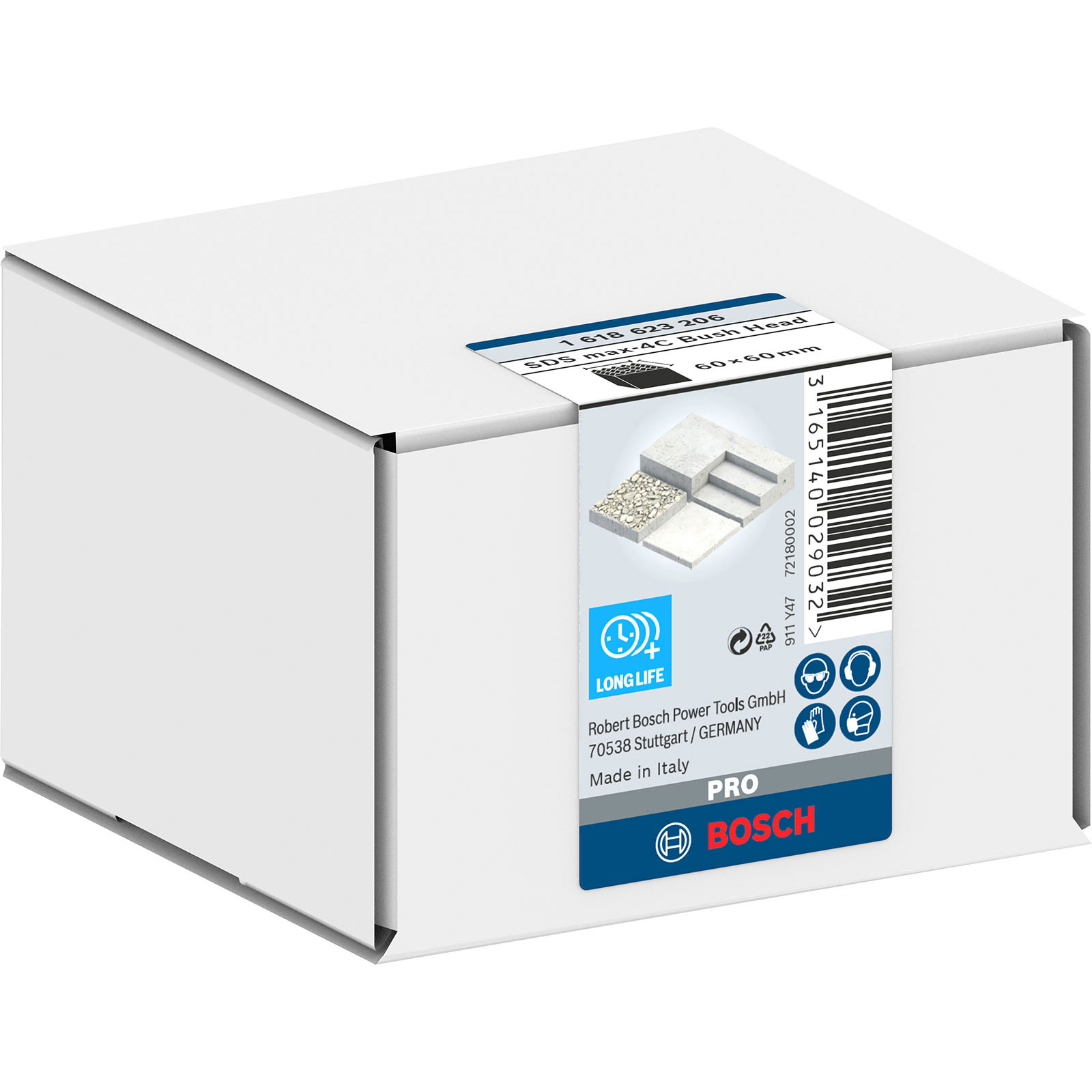 Eine weiße Box mit einem Etikett, das Bosch-Bohrer zeigt.