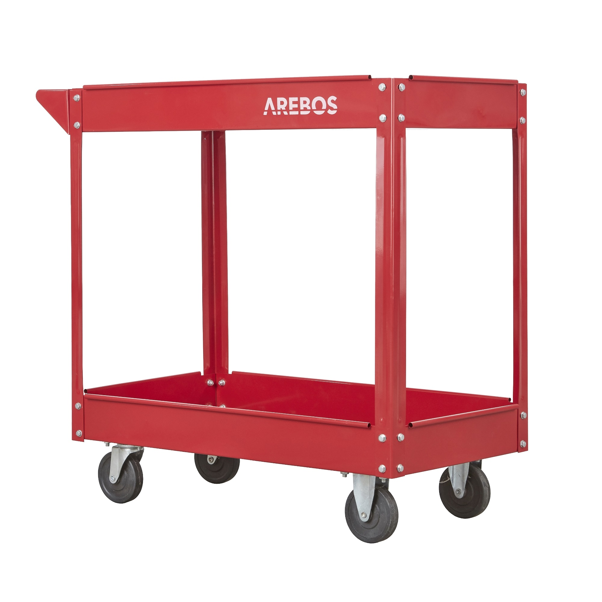 Roter Metallwagen mit Rädern und zwei Ablagen, AREBOS-Logo oben. Isoliert auf weißem Hintergrund.