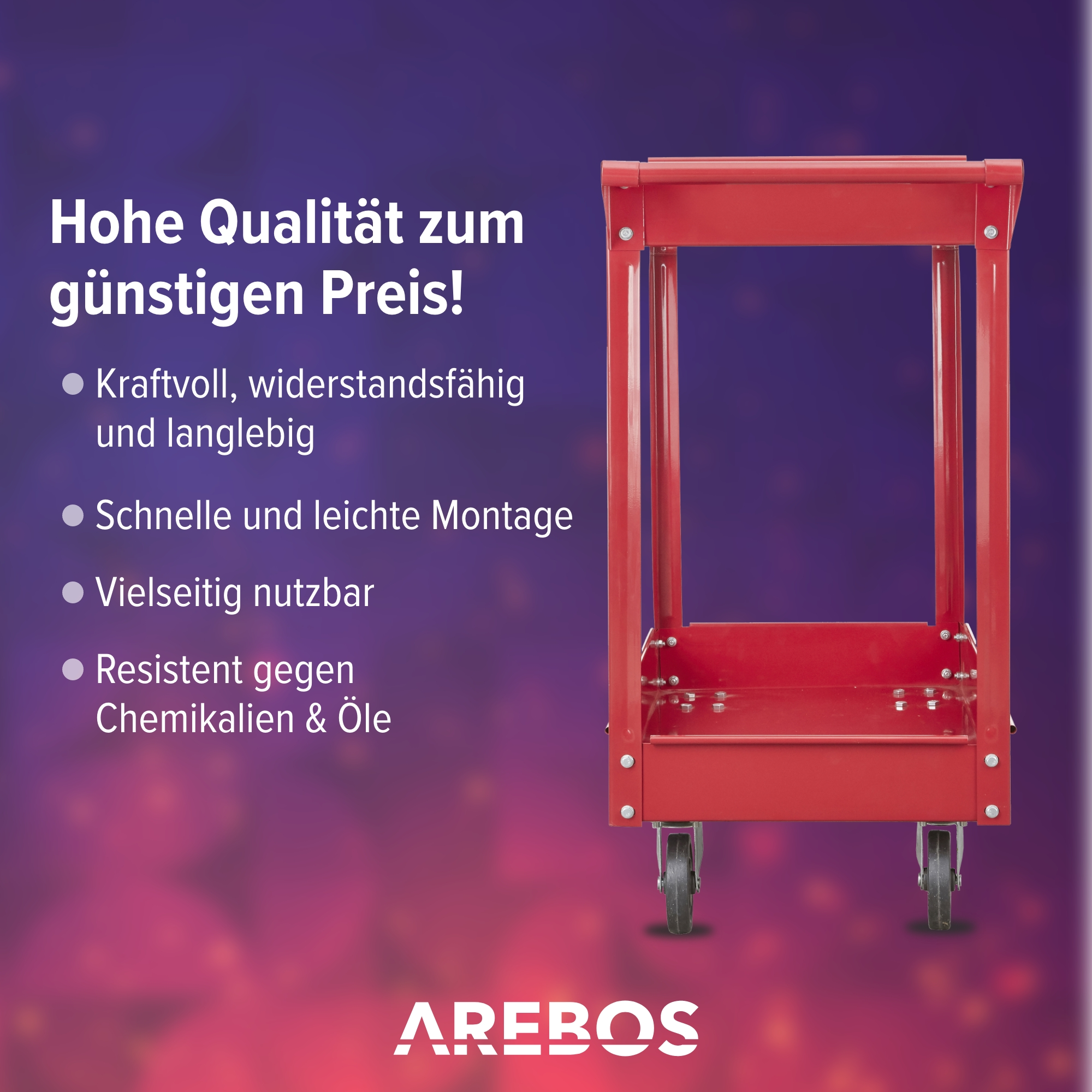 Roter Metallwagen mit Rädern und zwei Ablagen, Merkmale aufgelistet: langlebig, einfache Montage, vielseitig und chemikalienbeständig.