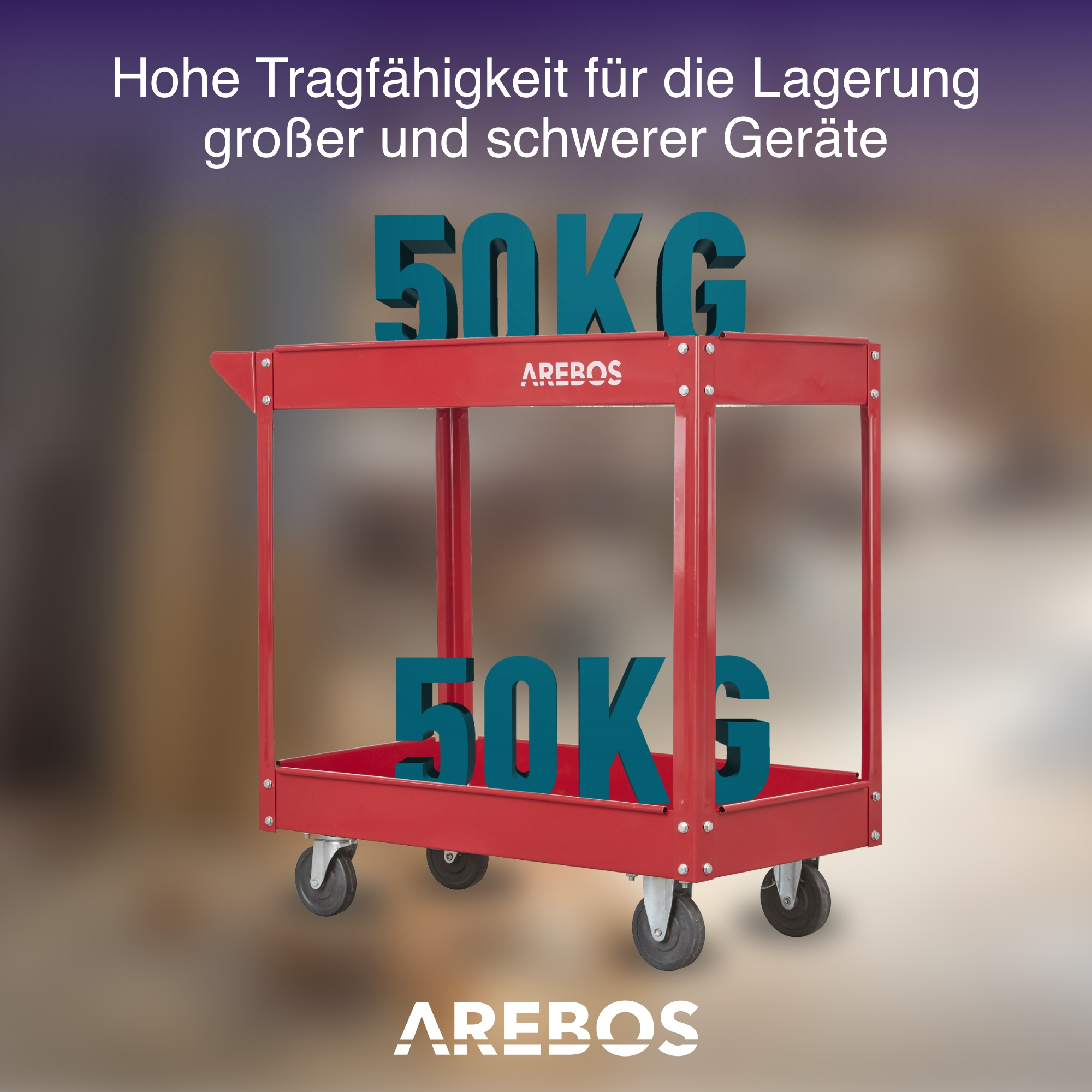 Roter Metallwagen mit Rädern und zwei Ablagen, mit 50 kg Gewichtsetiketten oben und unten.